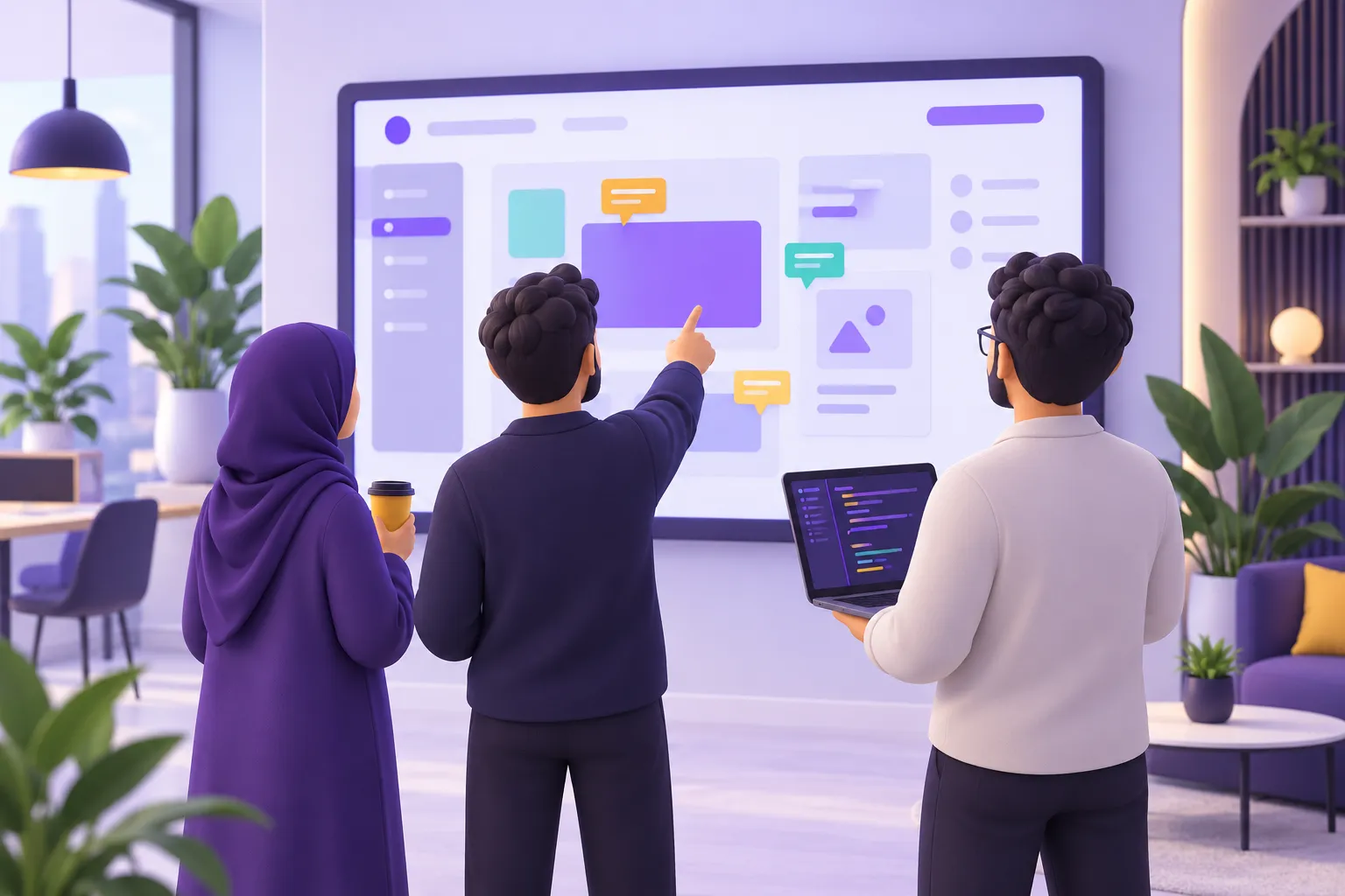 فريق من مطورين ومصممين يناقشون تصميم الواجهة معًا