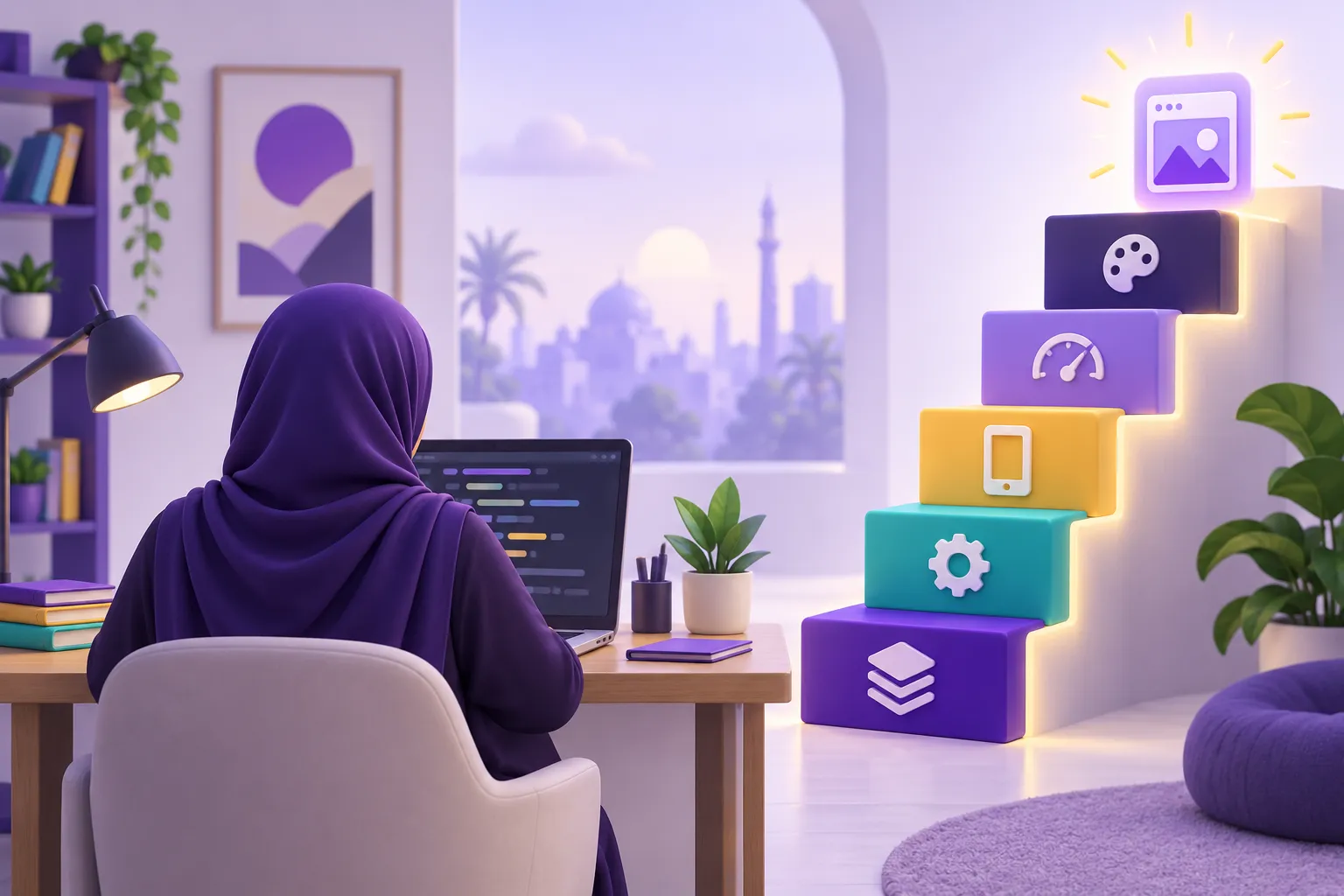 متعلم يصعد خطوات تعلم بناء تطبيقات الويب التقدمية