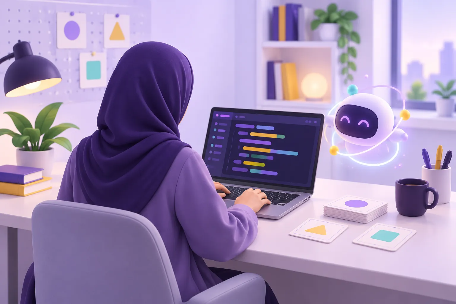 متعلم يطبق ما يتعلمه عمليًا مع بطاقات مراجعة ومساعد رقمي