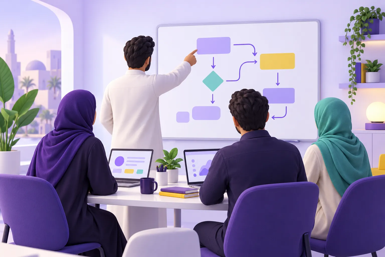 فريق من المبرمجين يتناقش ويتعاون أمام سبورة