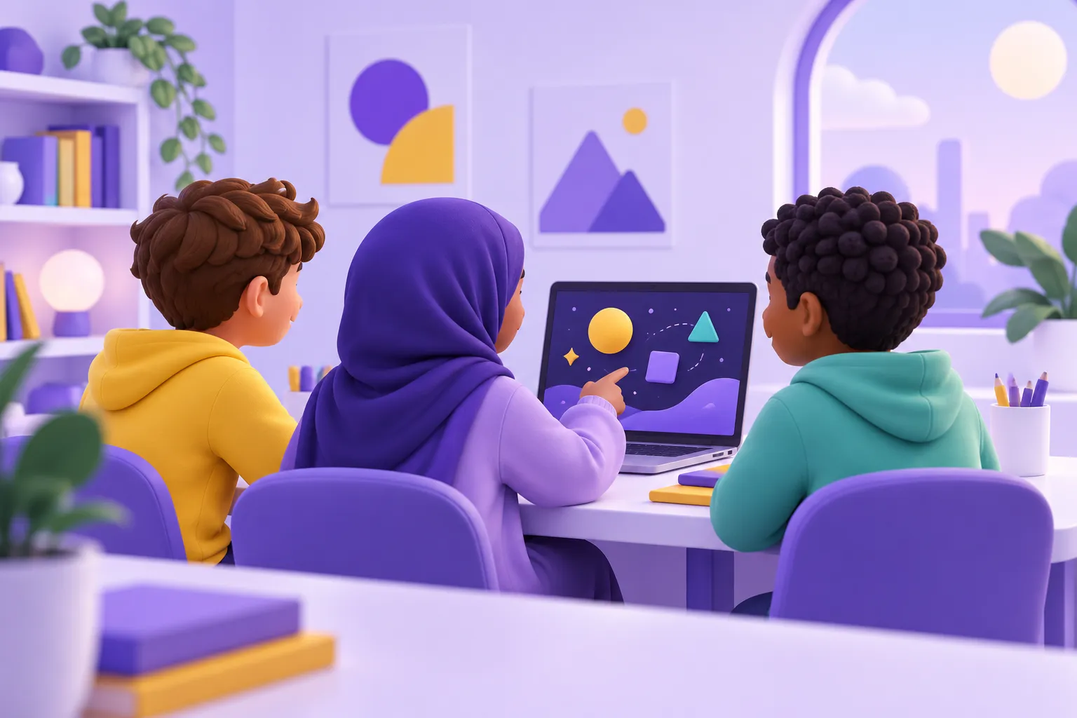 مجموعة أطفال يعملون معًا على مشروع برمجي ويتبادلون الأفكار