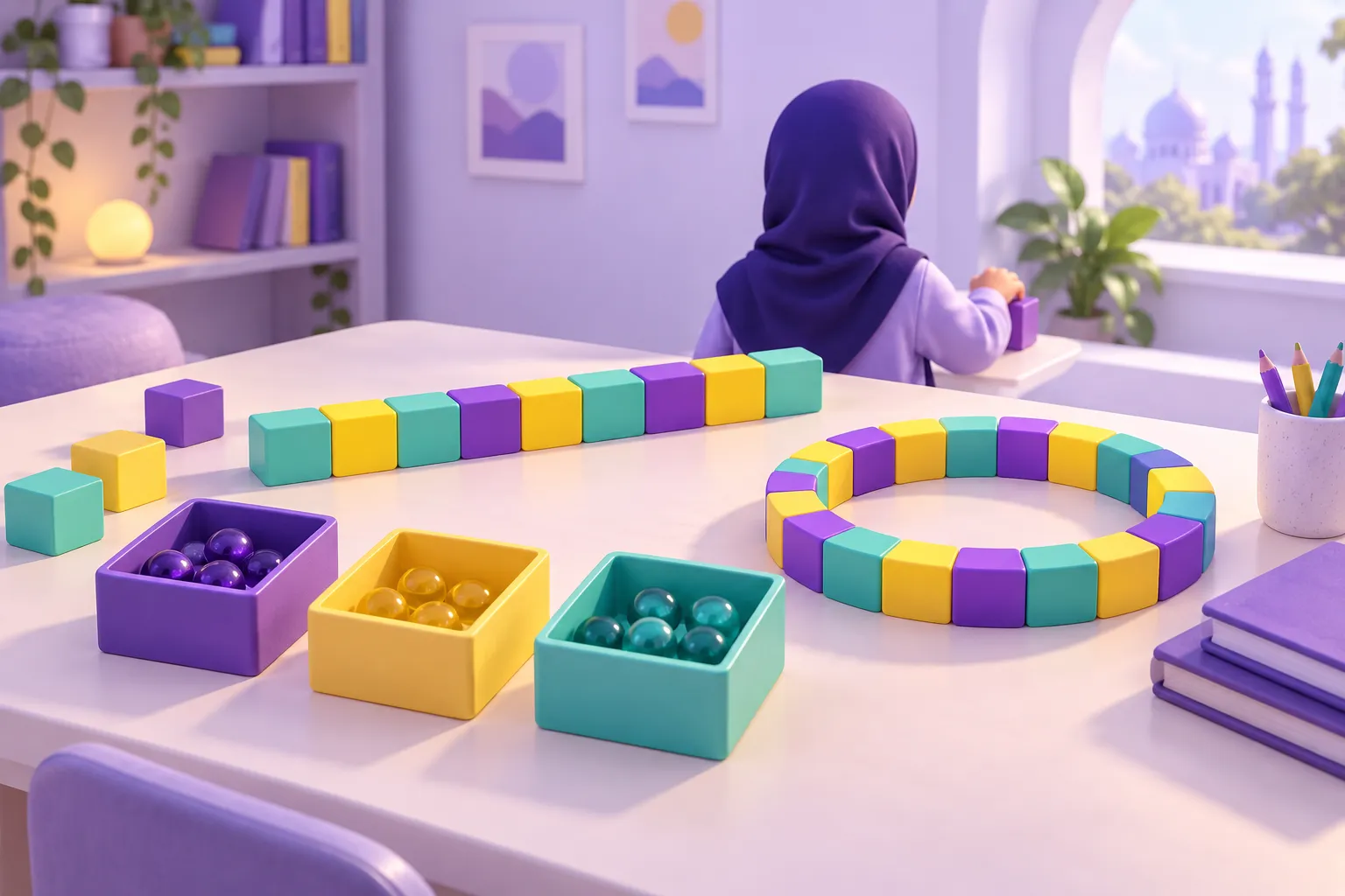يدا طفل ترتبان كتلًا ملونة في تسلسل يمثل المفاهيم البرمجية