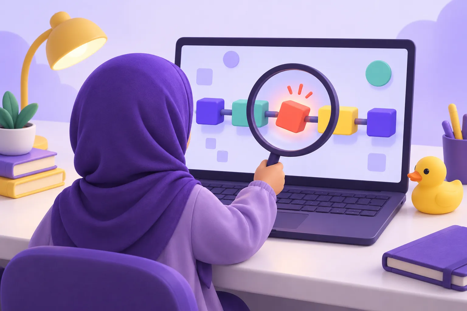طفل يبحث بعدسة مكبرة عن خطأ في سلسلة كتل برمجية على الشاشة