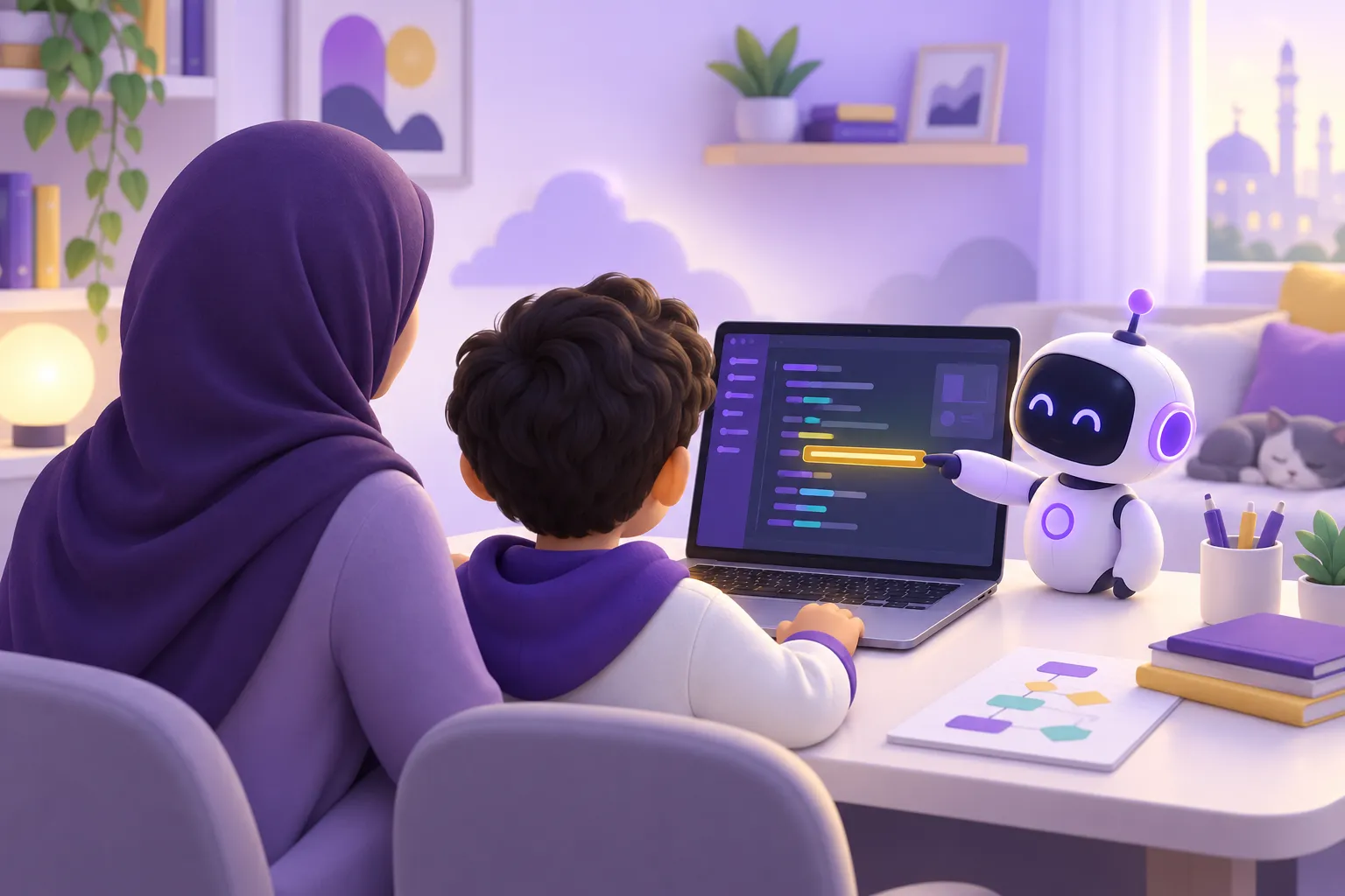 طفل يستعين بمساعد ذكي أثناء البرمجة تحت إشراف ولي الأمر