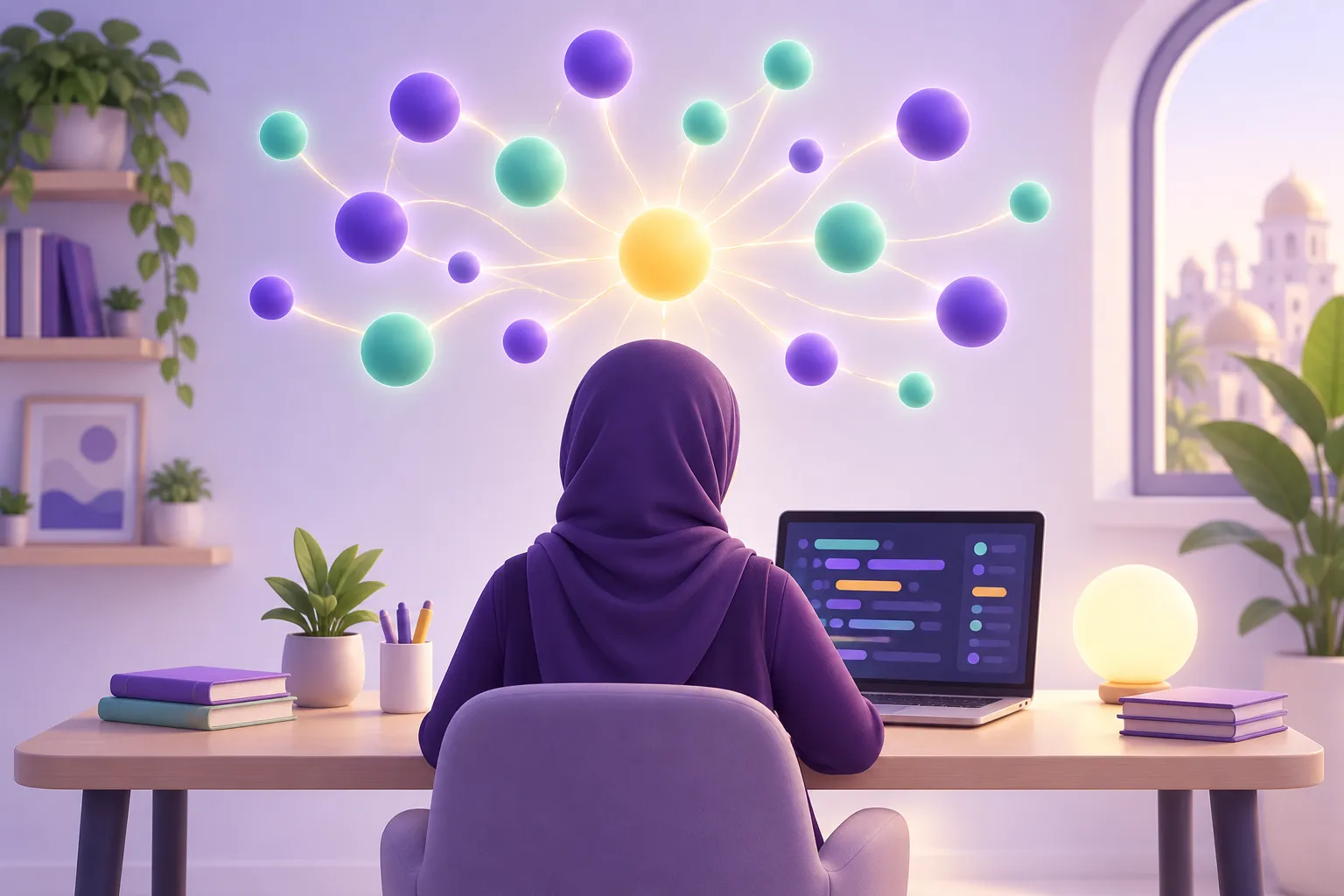 متعلم يربط فكرة جديدة بأفكار قديمة في خريطة ذهنية مضيئة