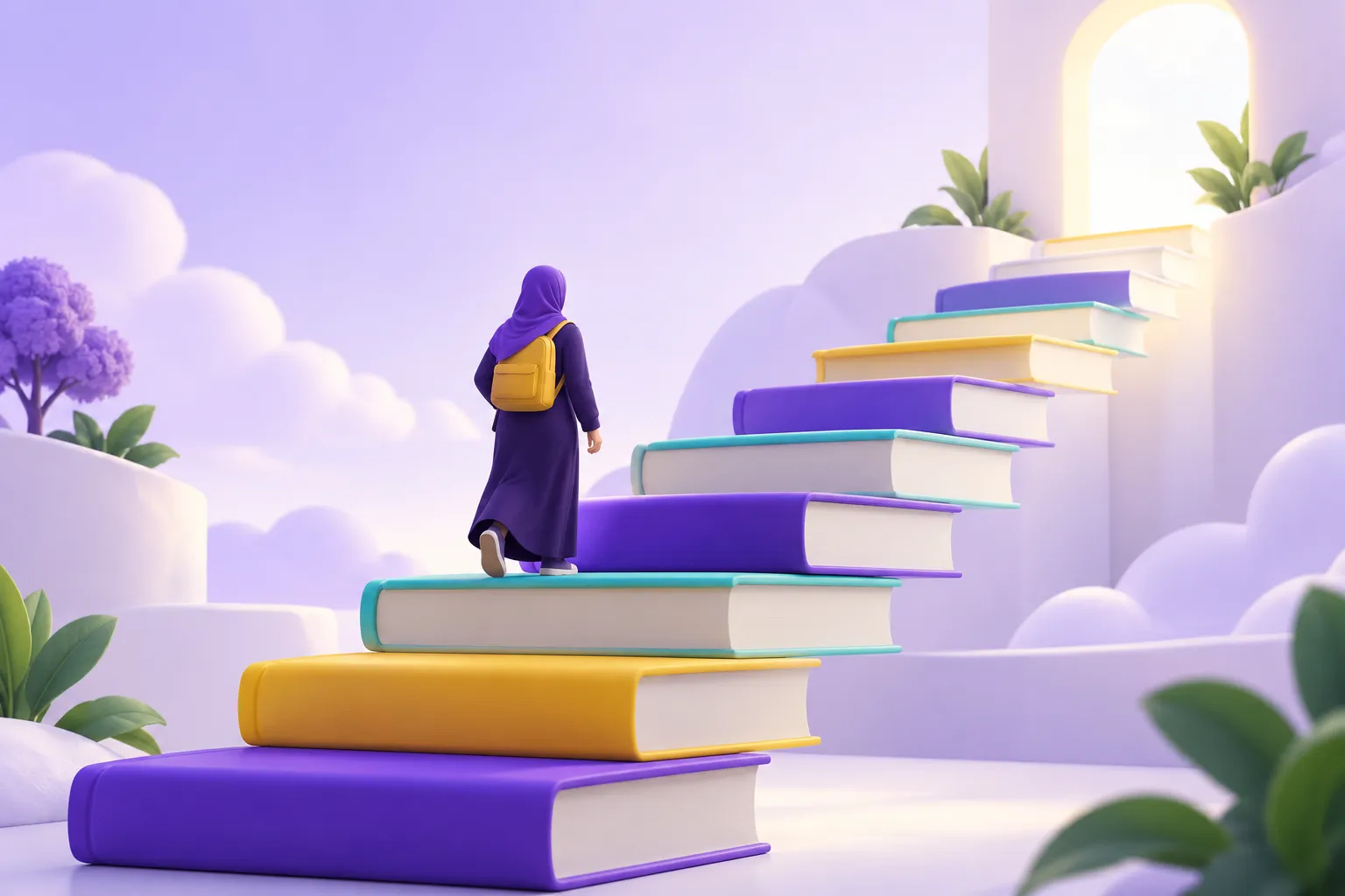 شخص يصعد درجًا من الكتب خطوة بخطوة رمزًا لبناء عادة التركيز تدريجيًا