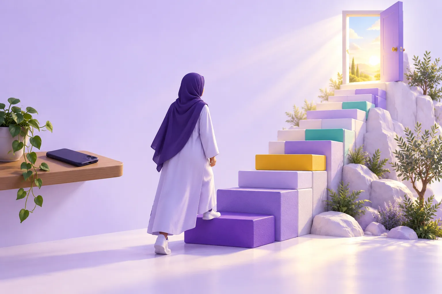 شخص يبدأ أول خطوة صغيرة على سلم يقوده نحو إنجاز المهمة