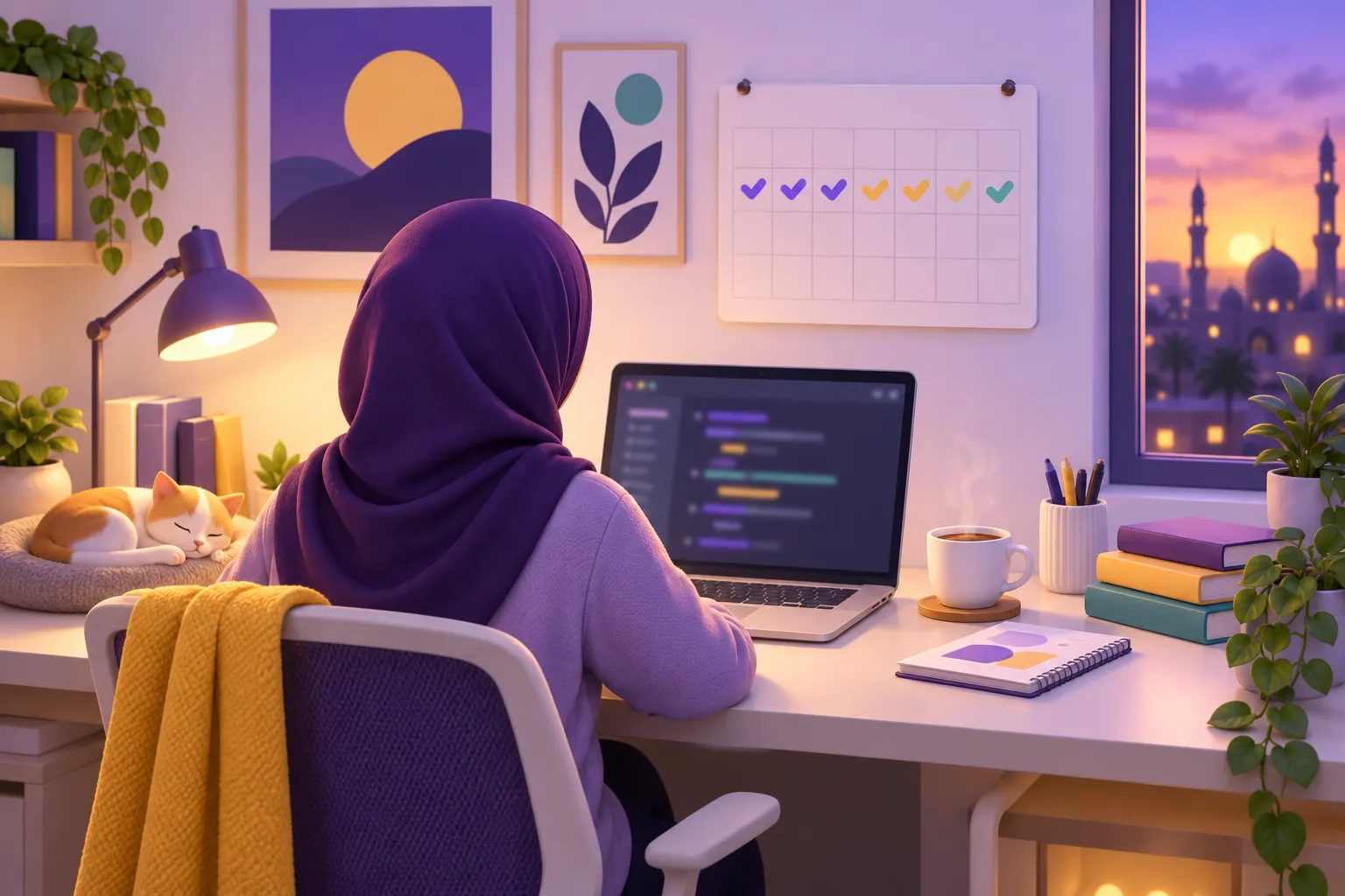 متعلم يذاكر البرمجة ويتتبع أيام إنجازه المتتالية