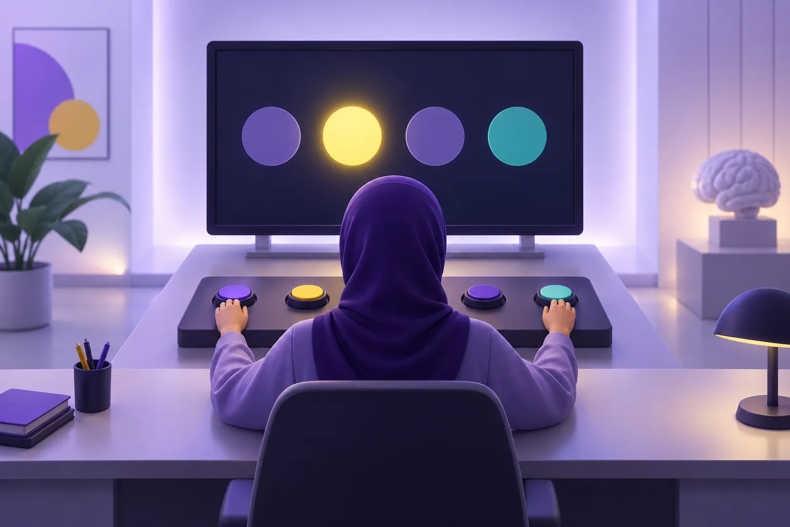 مشارك في تجربة يضغط أزرارًا عند ظهور ضوء على الشاشة