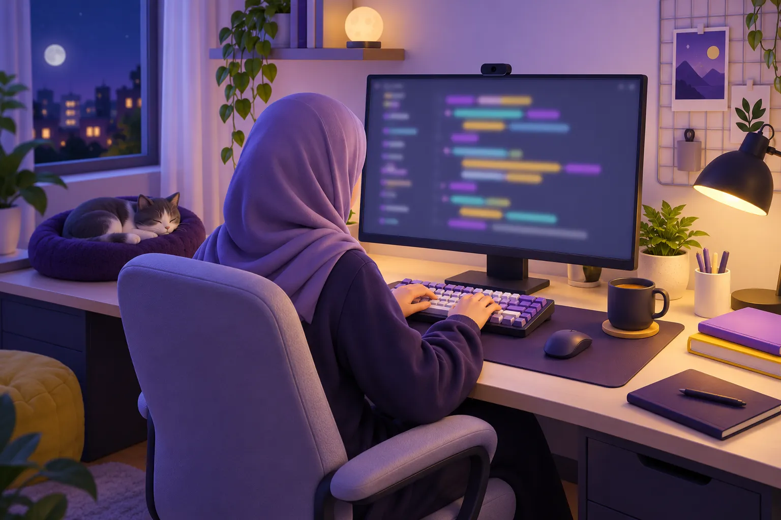 متعلم يكتب الكود على لوحة المفاتيح في غرفة هادئة