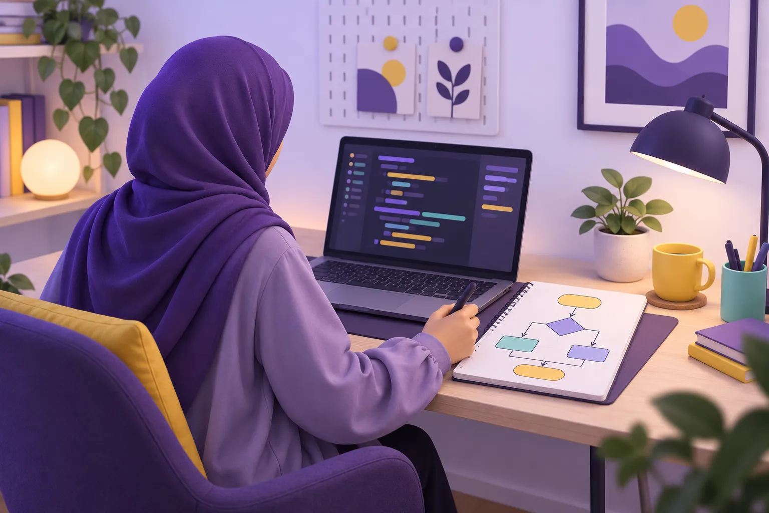 متعلم يطبق خطة مكتوبة في دفتره أثناء كتابة الكود