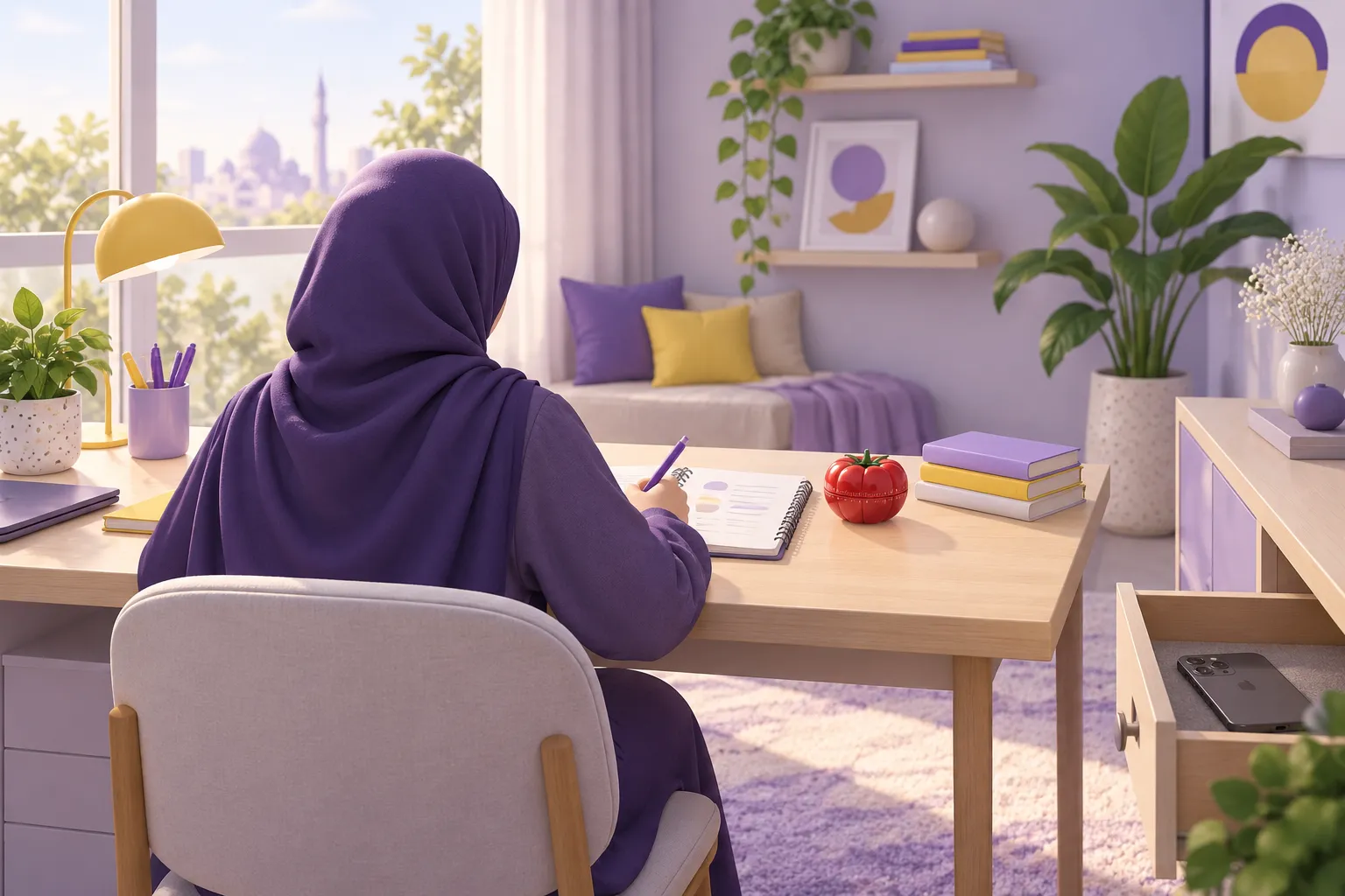 طالب يذاكر بتركيز مع مؤقت للجلسات وهاتف بعيد عن المكتب