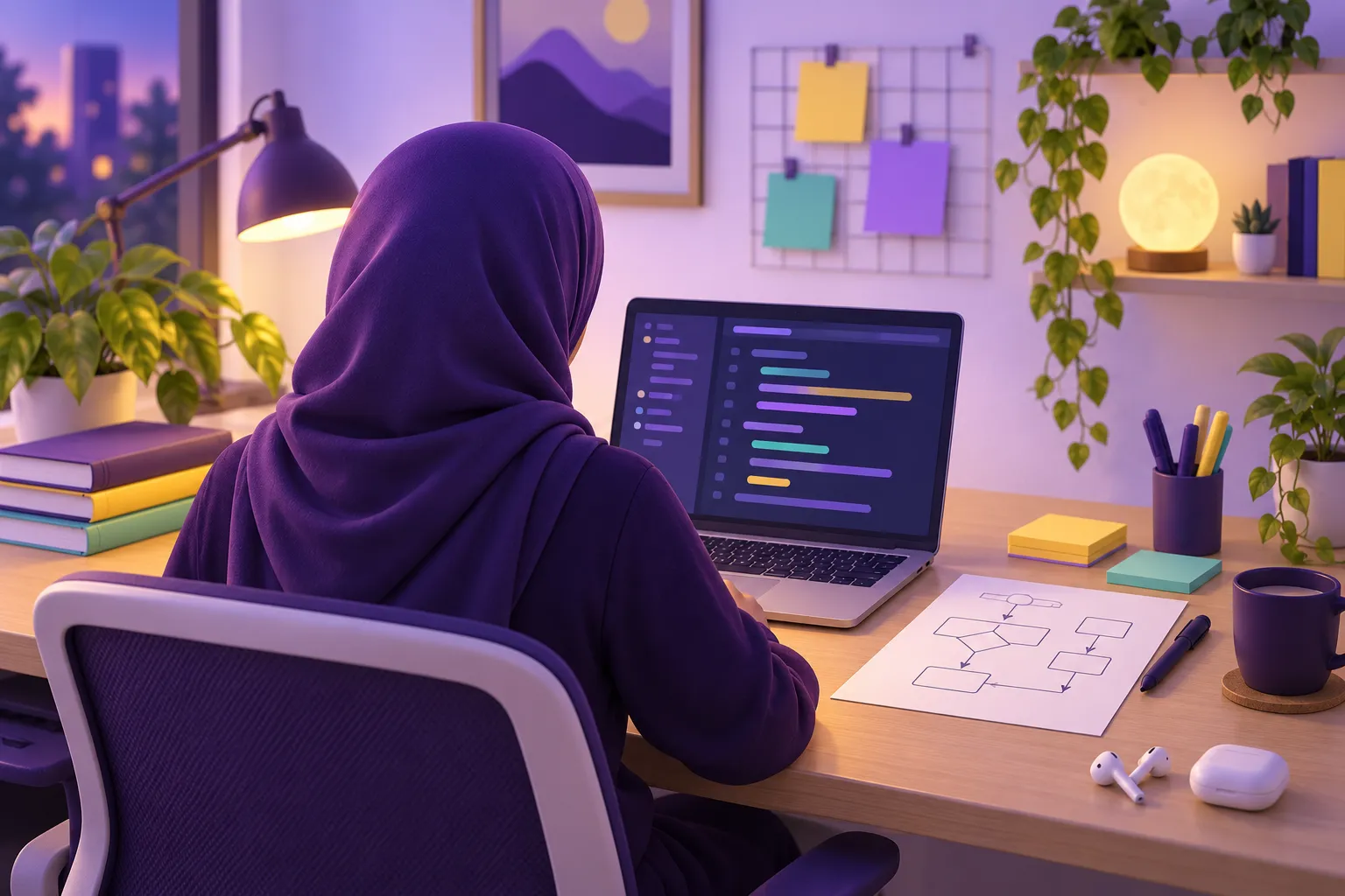 متعلم يجمع بين الرسم والاستماع وكتابة الكود في جلسة مذاكرة واحدة