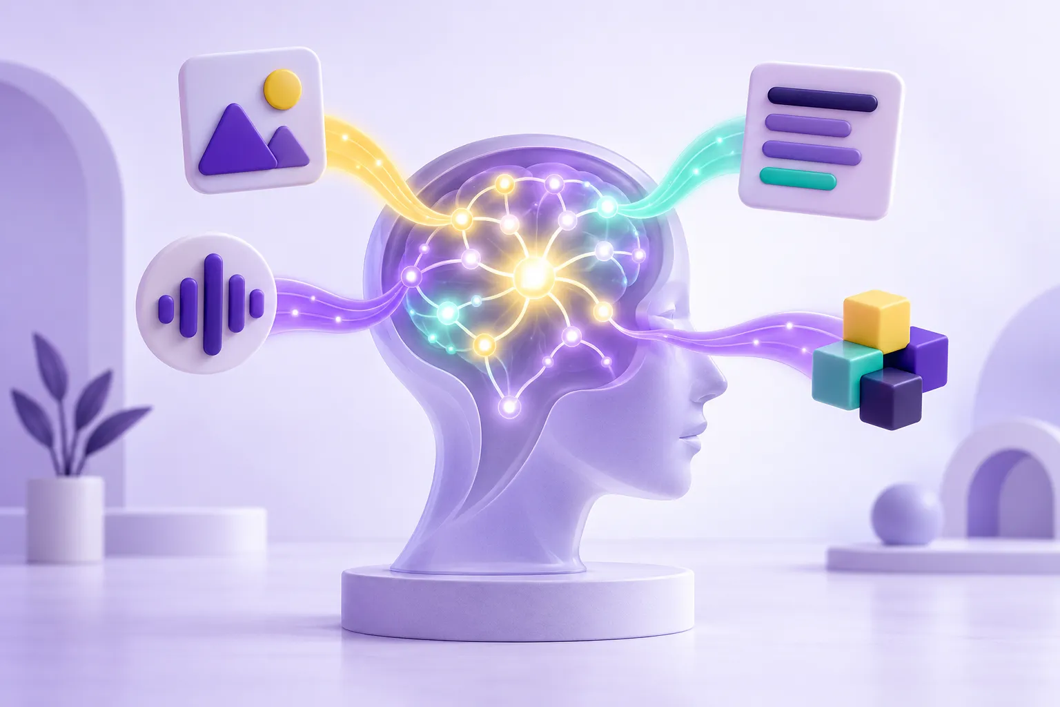 رأس إنسان تدخل إليه مسارات متعددة من المعلومات وتندمج في شبكة واحدة