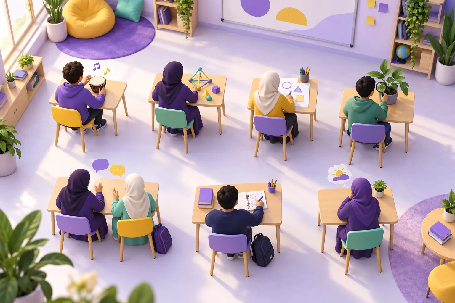 طلاب يمارسون أنشطة مختلفة تعكس تنوع الذكاءات بينهم
