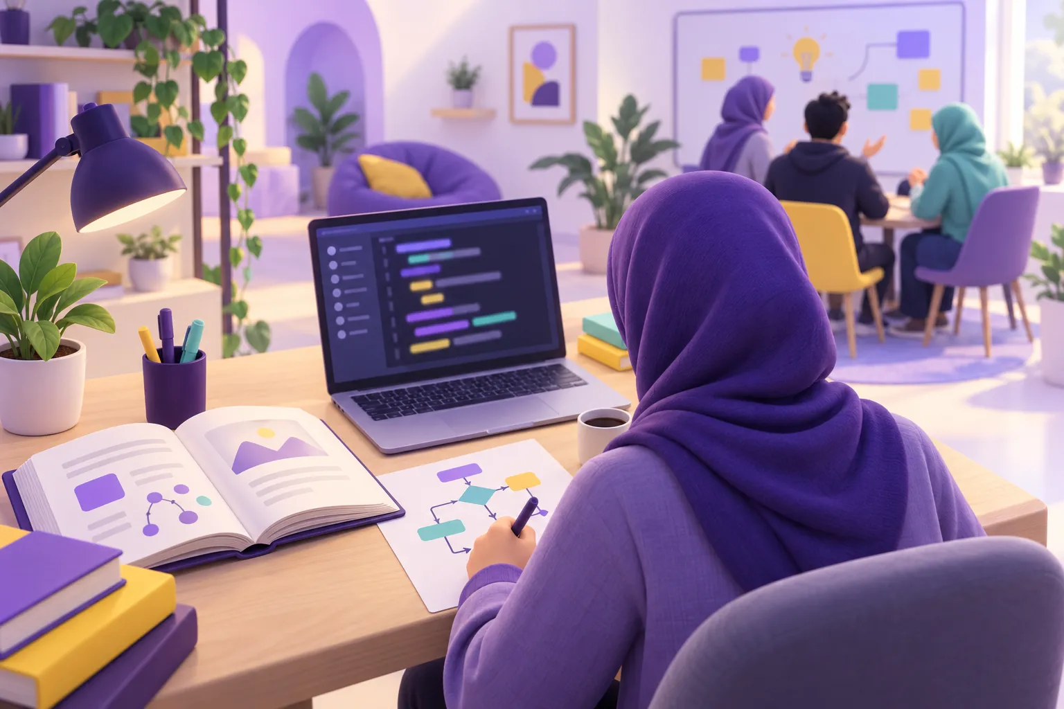 متعلم يجمع بين القراءة والرسم وكتابة الكود والنقاش مع زملائه
