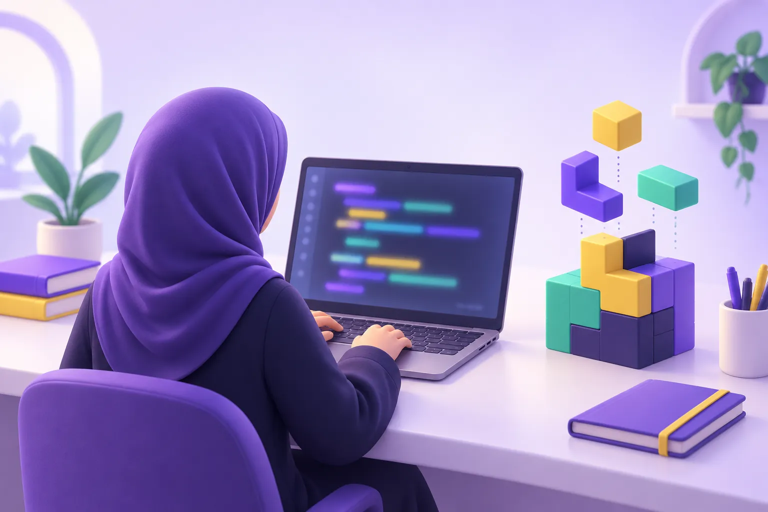 يدان تكتبان كودًا بينما تتجمع المكعبات لتبني مهارة