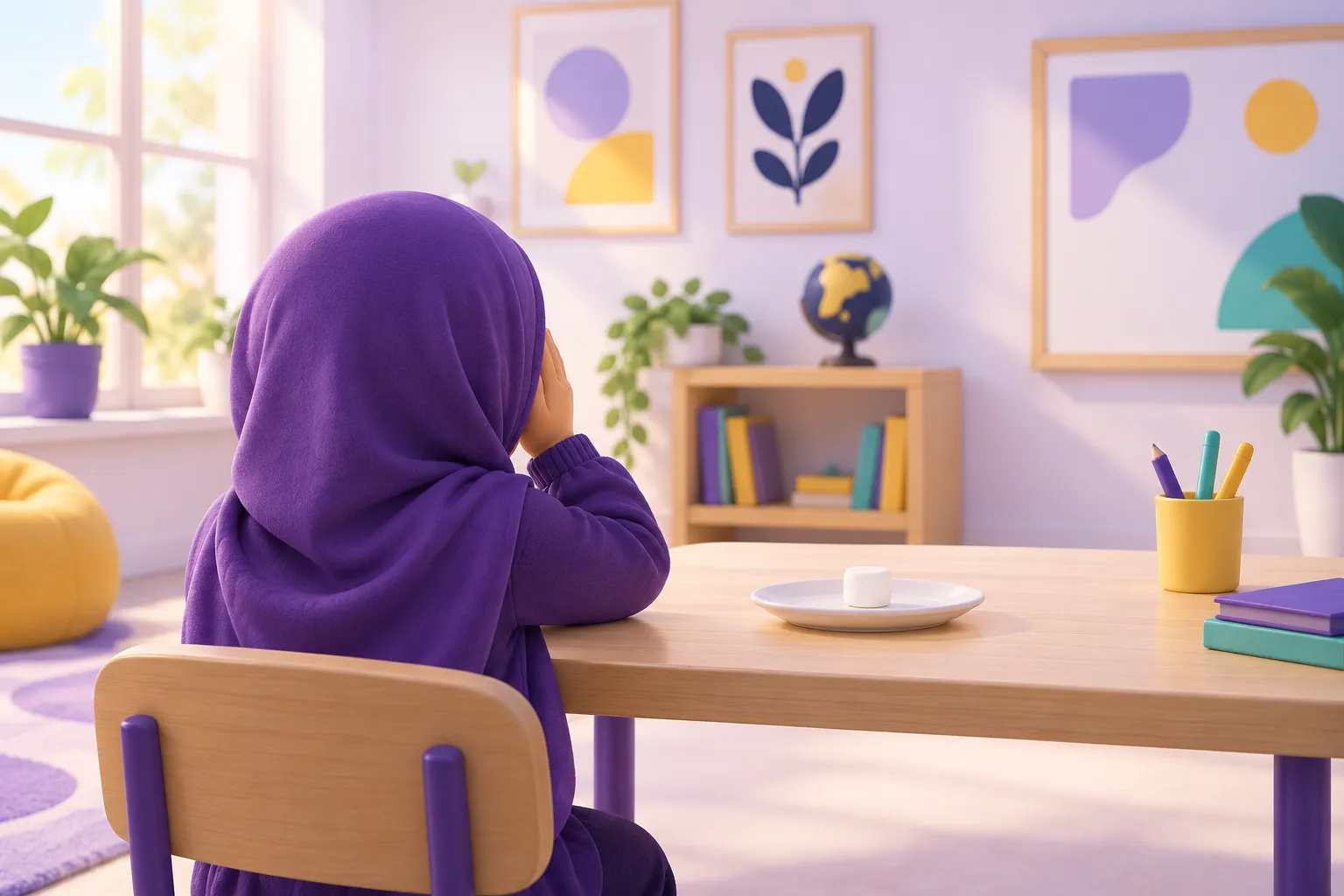 طفل يغطي عينيه أمام قطعة حلوى في مشهد يشبه تجربة المارشميلو