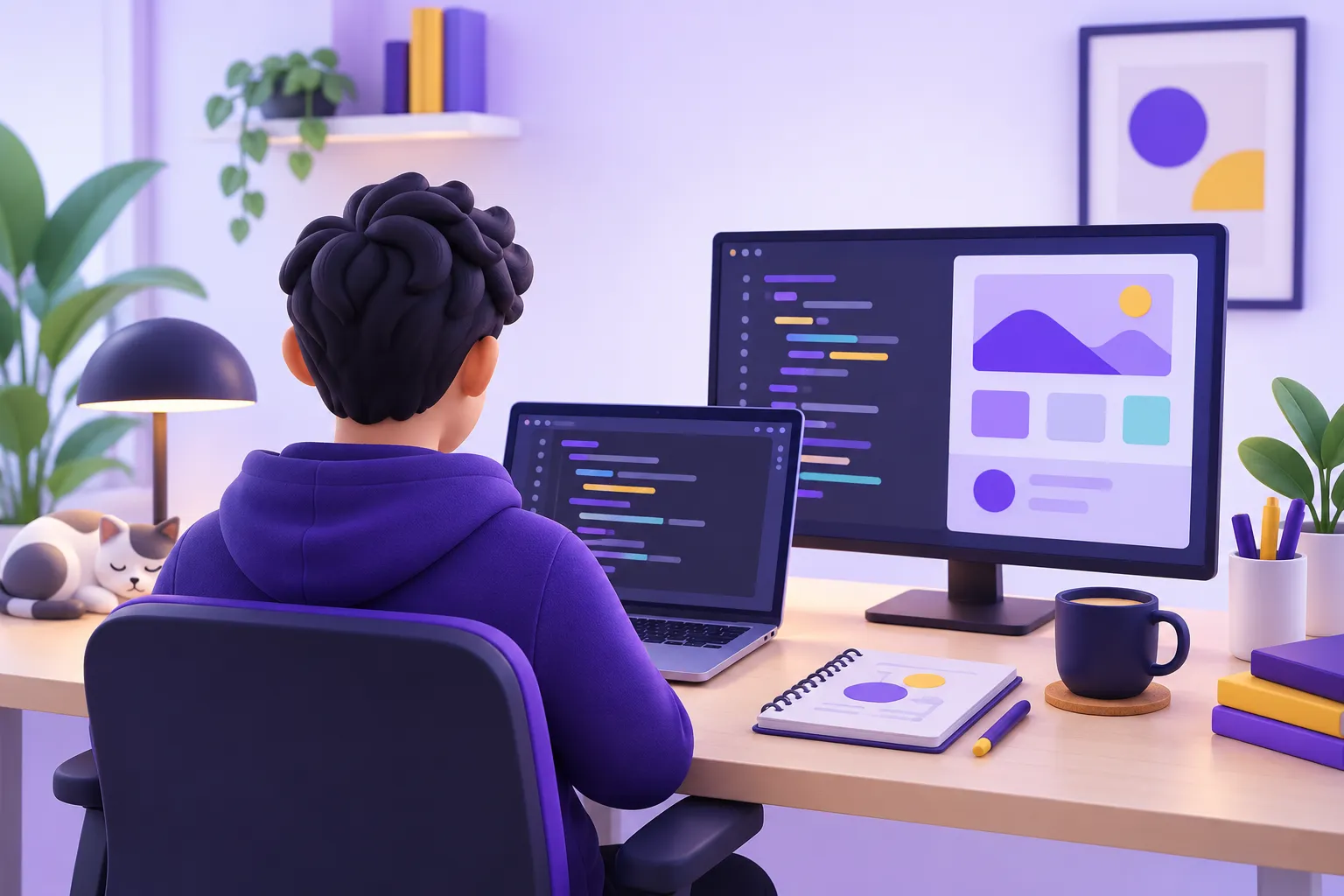 مبرمج يبحث عن حل لمشكلة برمجية أمام شاشتين