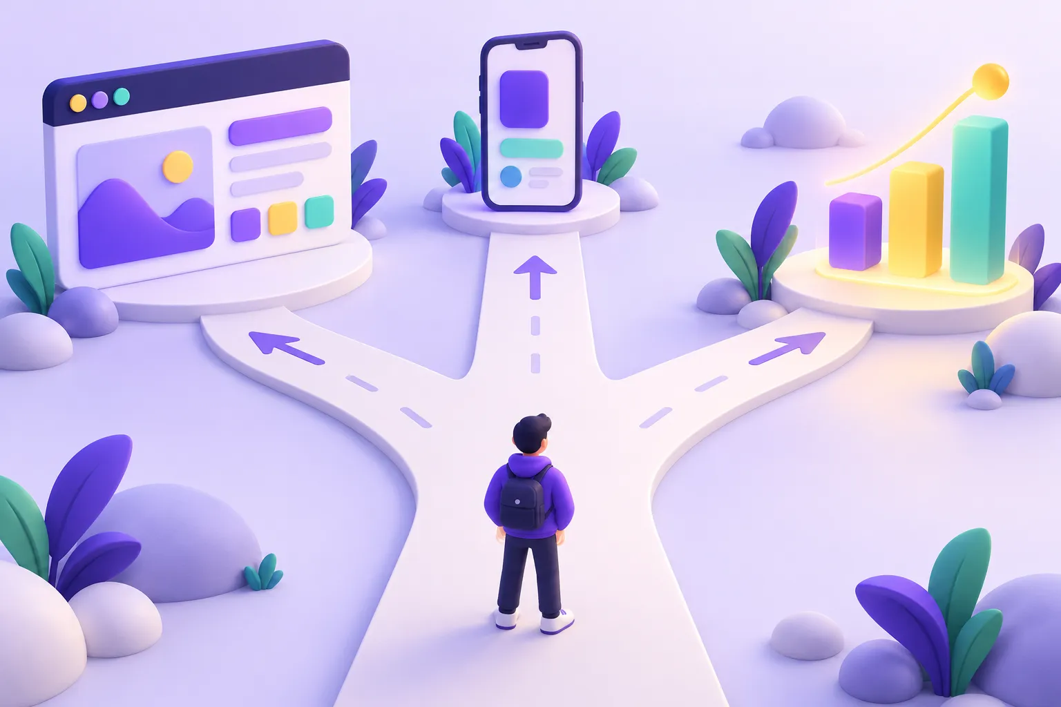 مفترق طرق يقود إلى الويب وتطبيقات الهاتف وتحليل البيانات