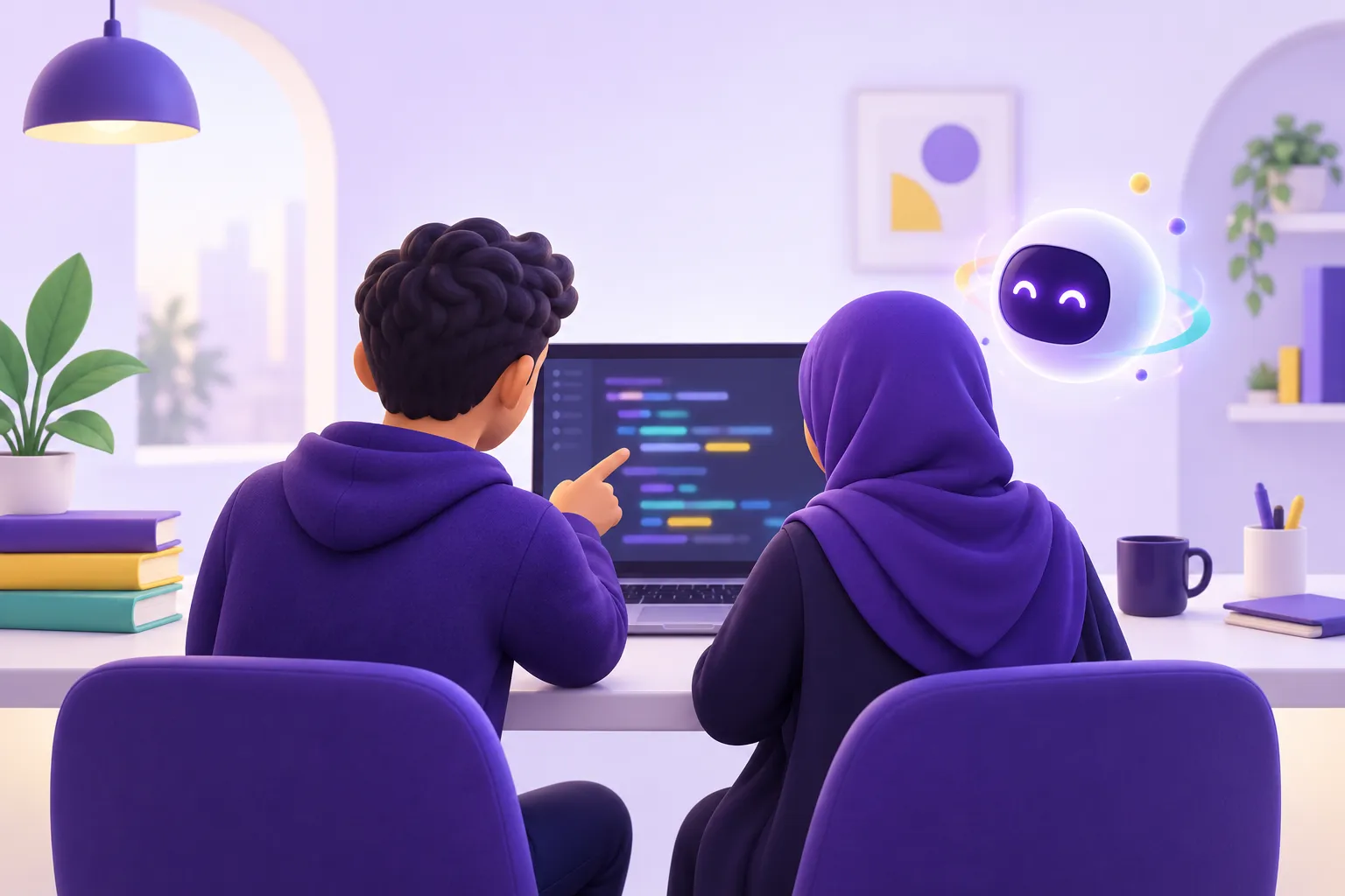 متعلم يحصل على المساعدة من زميل ومساعد ذكي أثناء البرمجة