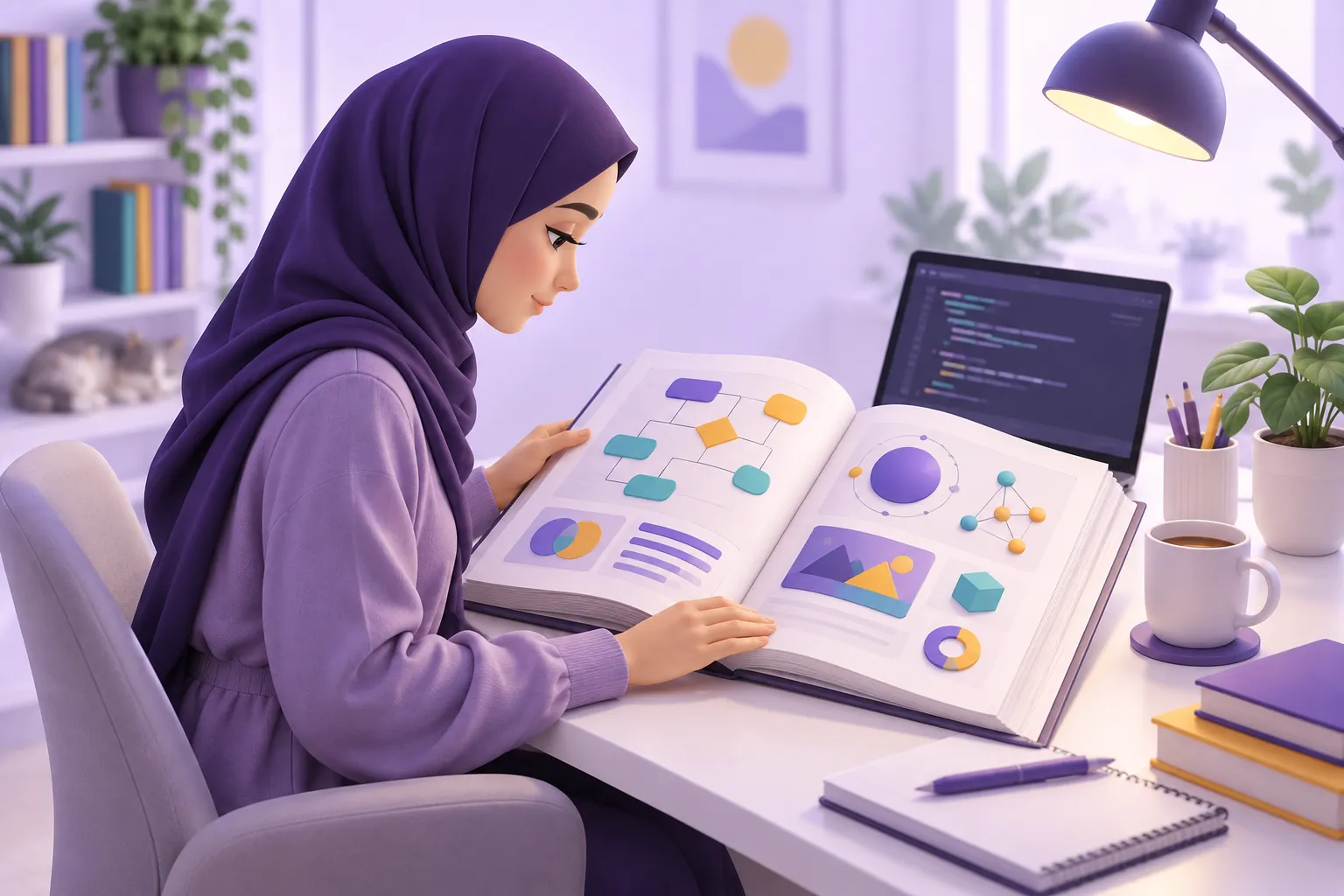 مبرمجة تقرأ التوثيق الرسمي بجوار حاسوبها
