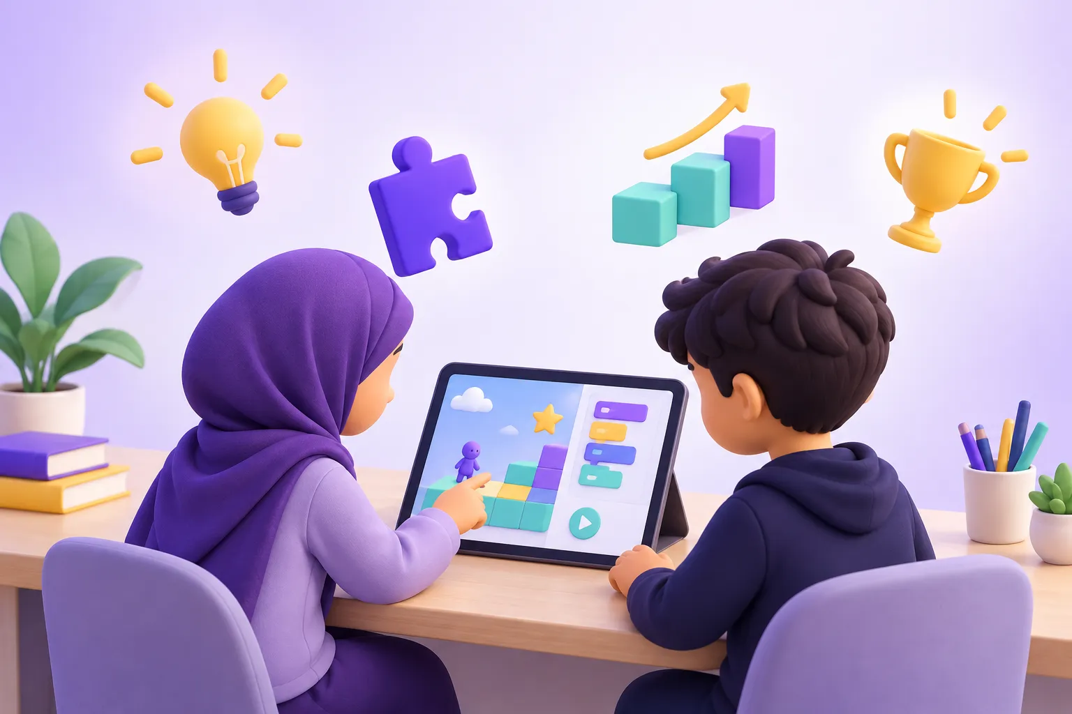 طفلان يصنعان لعبة معًا وحولهما رموز التفكير والإبداع والإنجاز