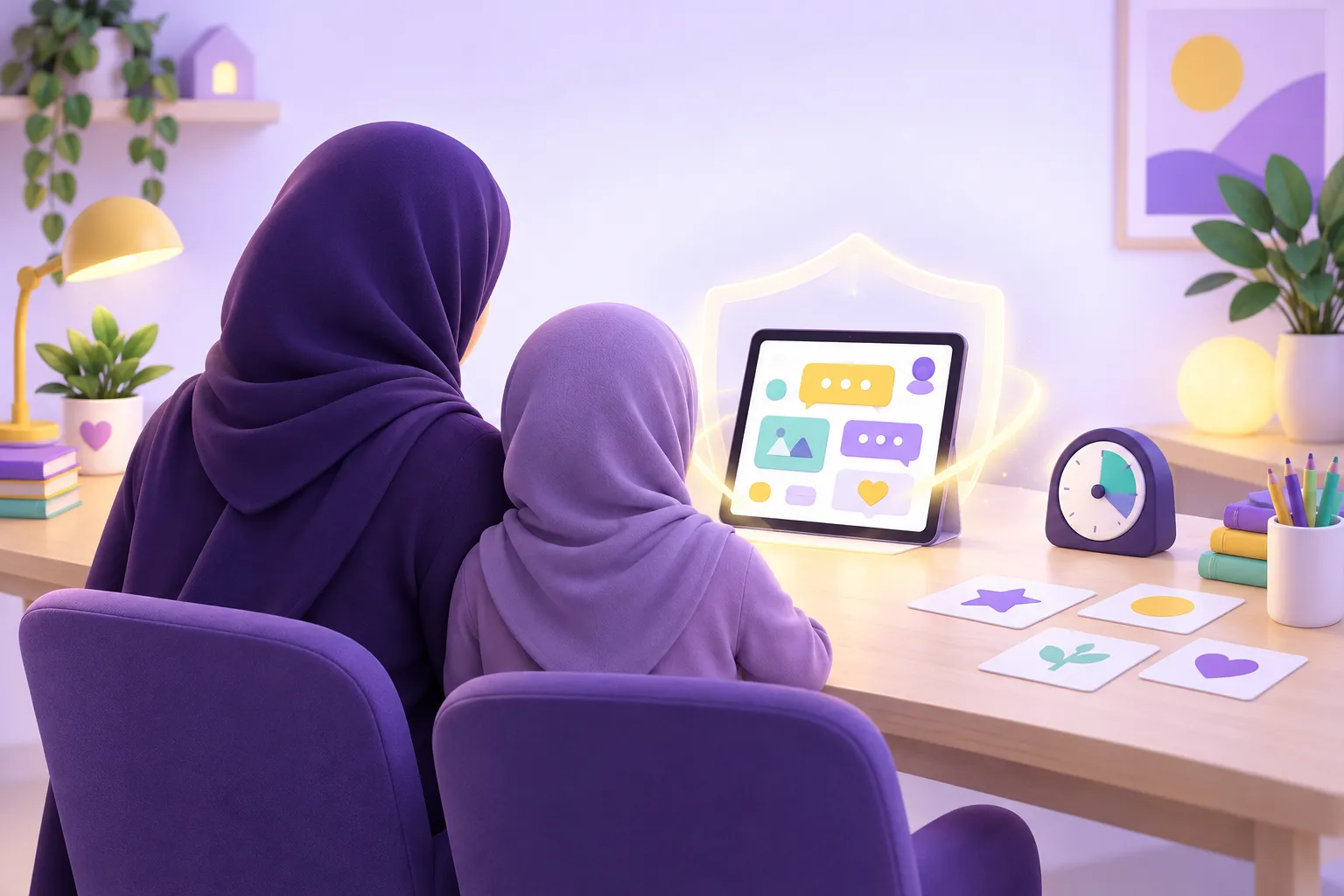 أم ترافق ابنتها في استخدام أداة ذكية بأمان