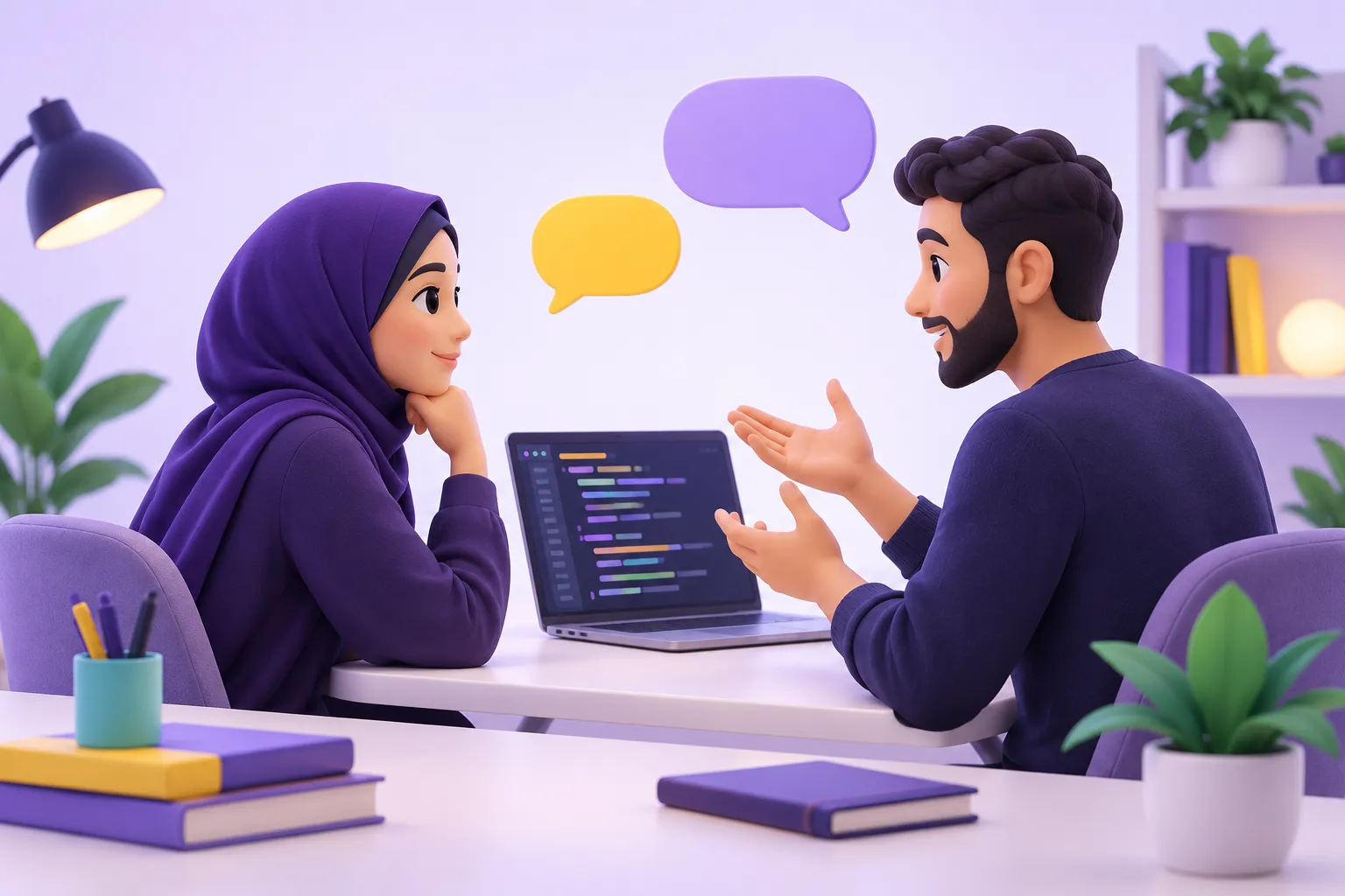 مطورة تستمع باهتمام لزميلها وهو يشرح فكرته