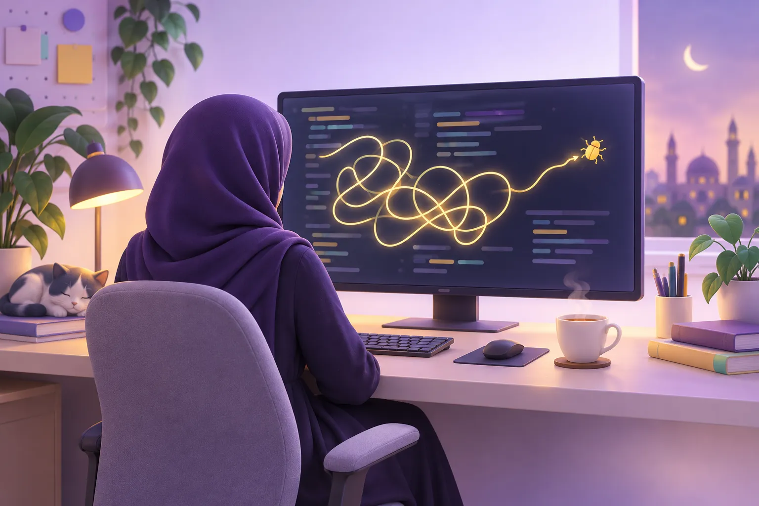 مبرمجة تتتبع خطأً برمجيًا بهدوء وصبر