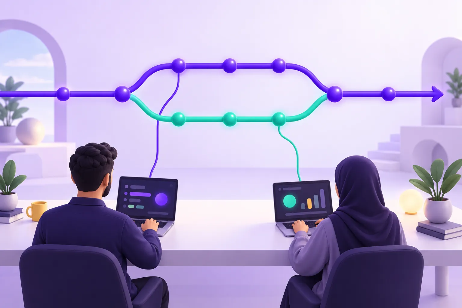 تمثيل لفروع الكود في Git وهي تنفصل عن الفرع الرئيسي ثم تندمج معه