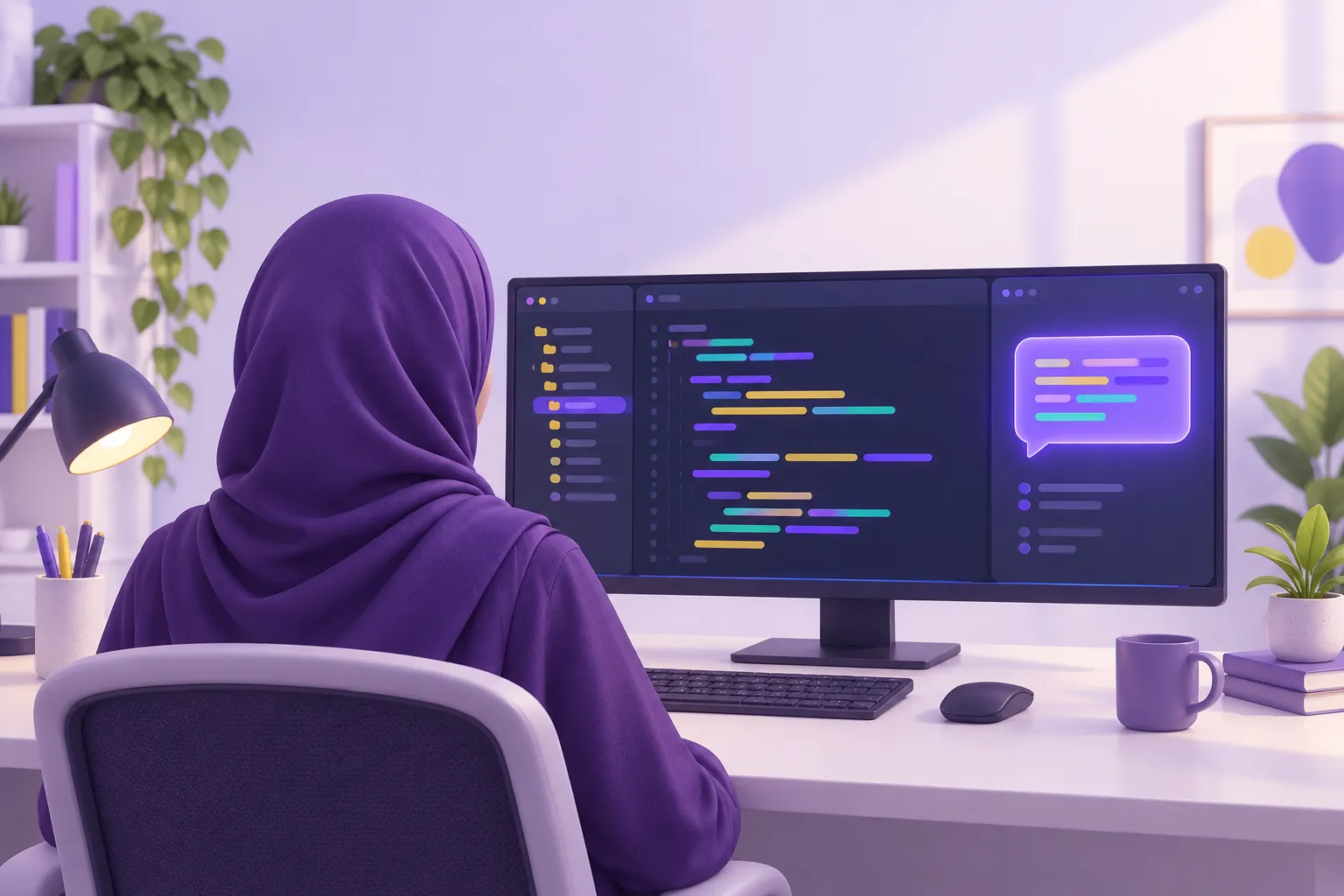 مبرمج يعمل داخل محرر أكواد بجواره لوحة مساعد برمجة تقترح أسطرًا من الكود