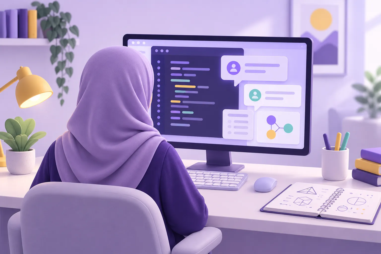 متعلم يجرب مساعد محادثة ذكي أمام شاشة الحاسوب