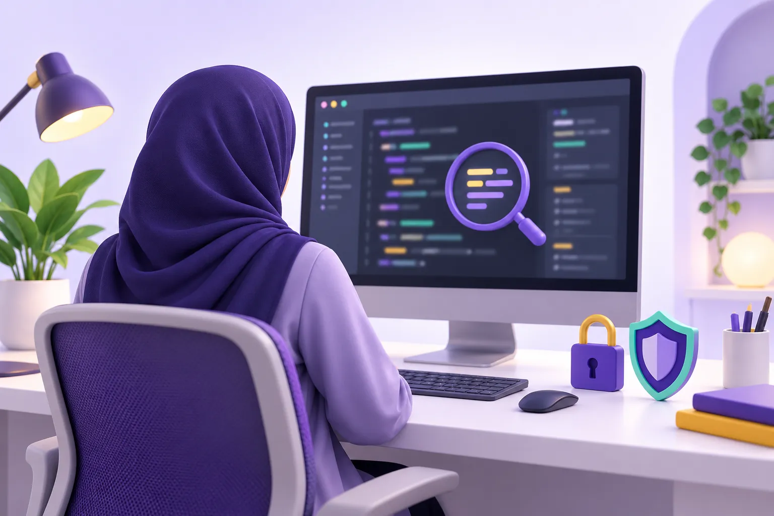مطورة تراجع الكود بعناية مع رموز لحماية البيانات