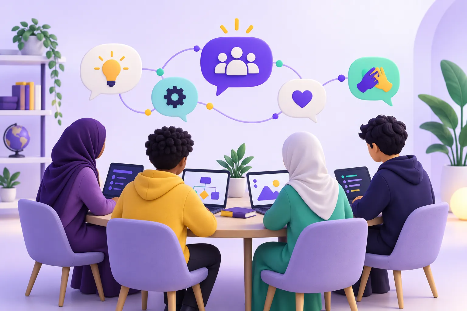 مجموعة من الطلاب يتعاونون ويتبادلون الأسئلة حول طاولة