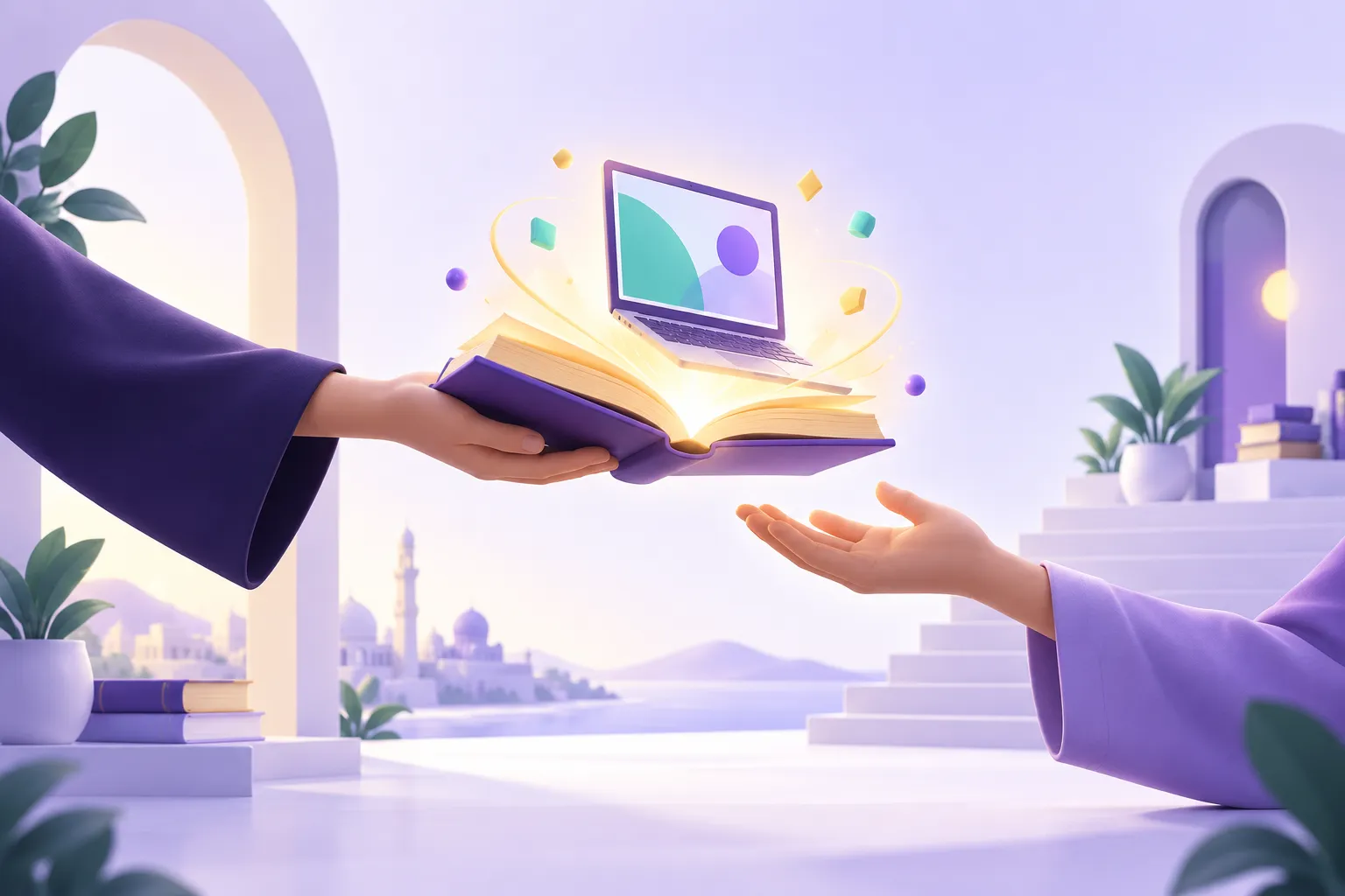 يد تمنح كتابًا مضيئًا ليد أخرى رمزًا لمنح التعليم