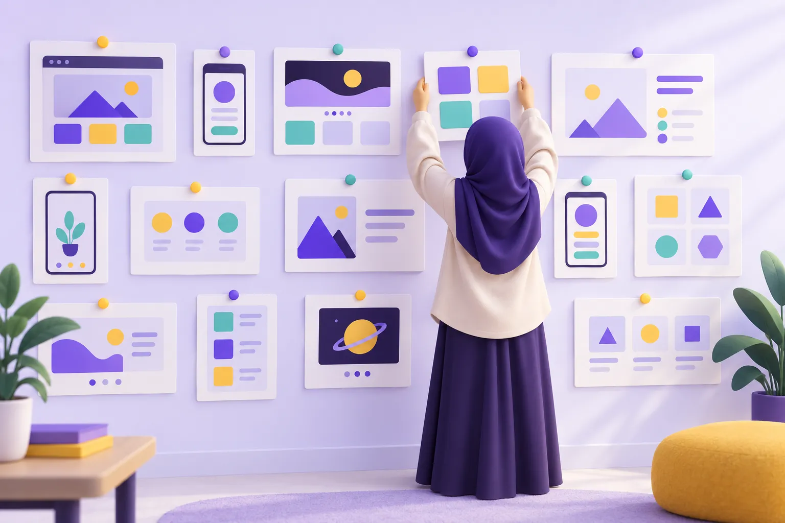 معرض لمشاريع الطلاب المكتملة وطالب يضيف مشروعه الجديد