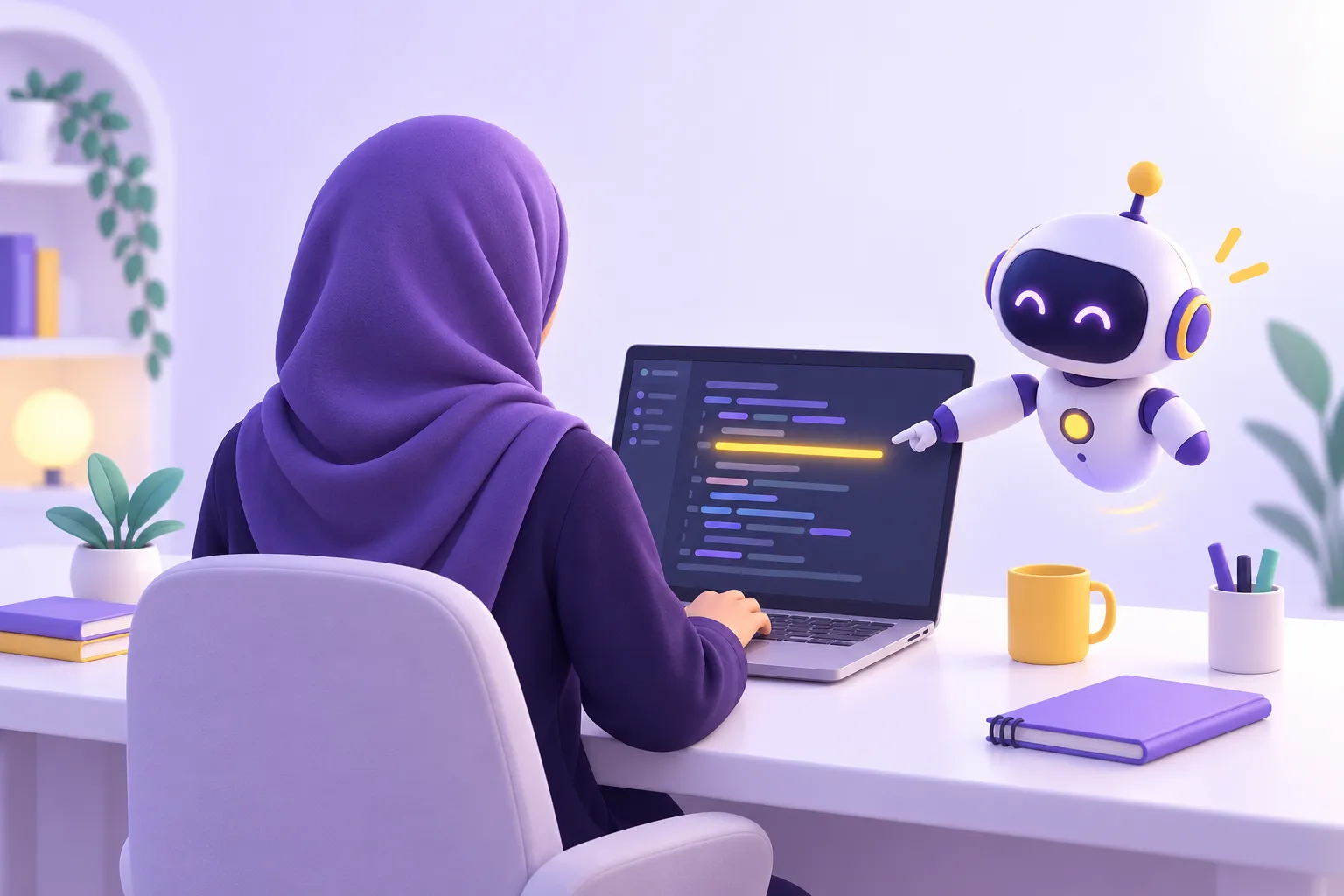 متعلمة تكتب الكود بنفسها ويساعدها مساعد ذكي بتلميح