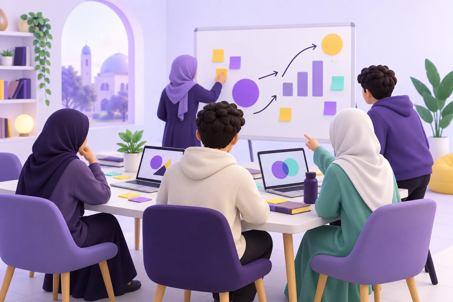 طلاب جامعيون يعملون معًا في ورشة عمل لتطوير المهارات