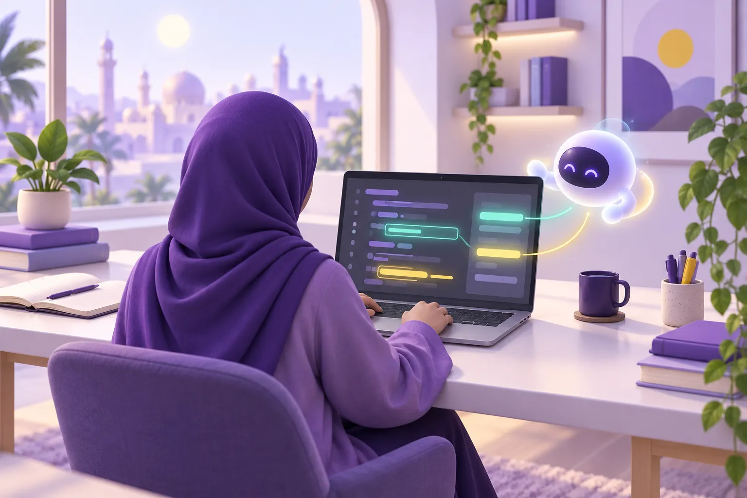 متعلم يراجع اقتراحات مساعد برمجي ذكي على شاشة الحاسوب