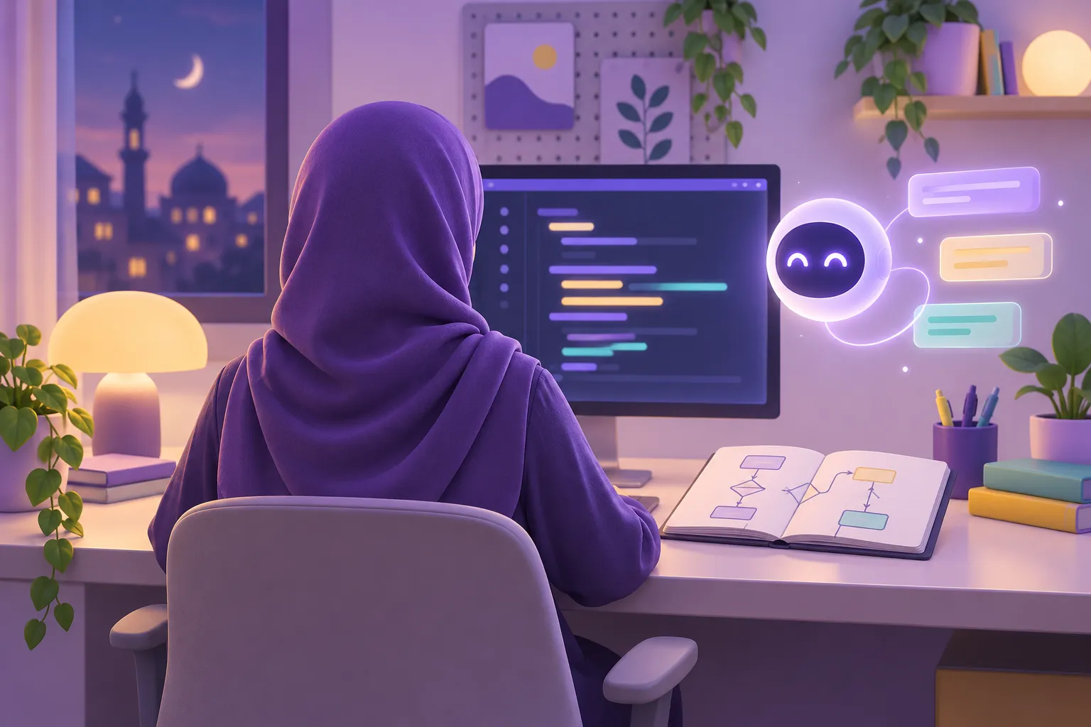 متعلم يكتب الكود بمساعدة أداة ذكية مع دفتر ملاحظات للمفاهيم الأساسية