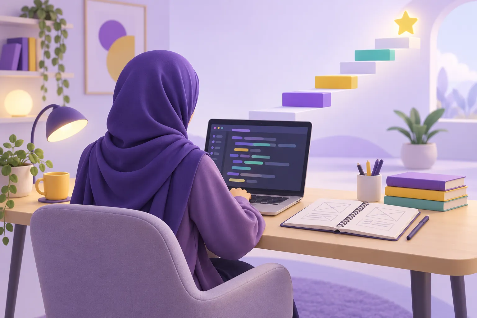 متعلم يتدرب على كتابة الكود مع رسم تخطيطي لصفحة ويب