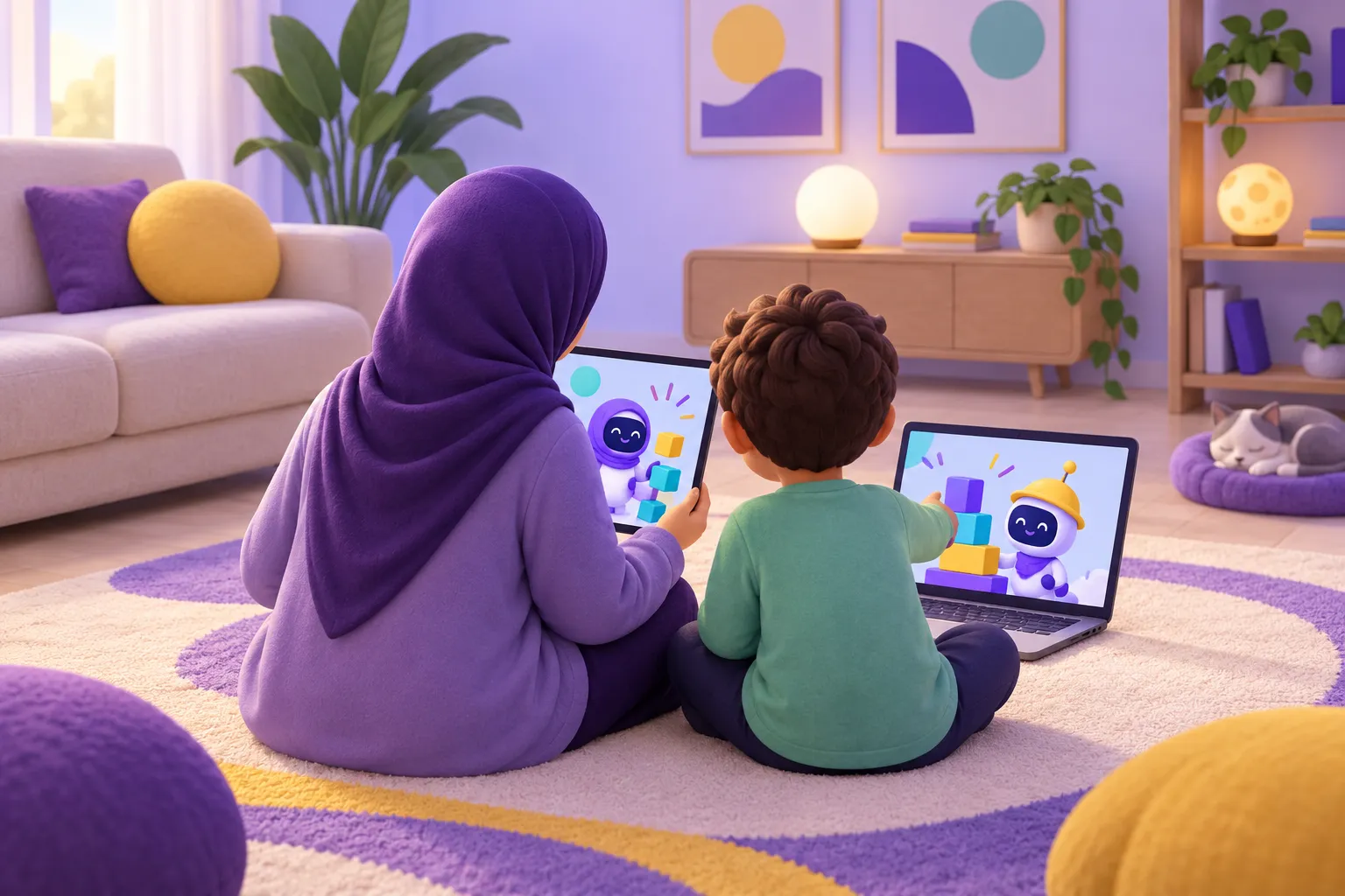 طفلان يصنعان لعبة بسيطة باستخدام البرمجة المرئية