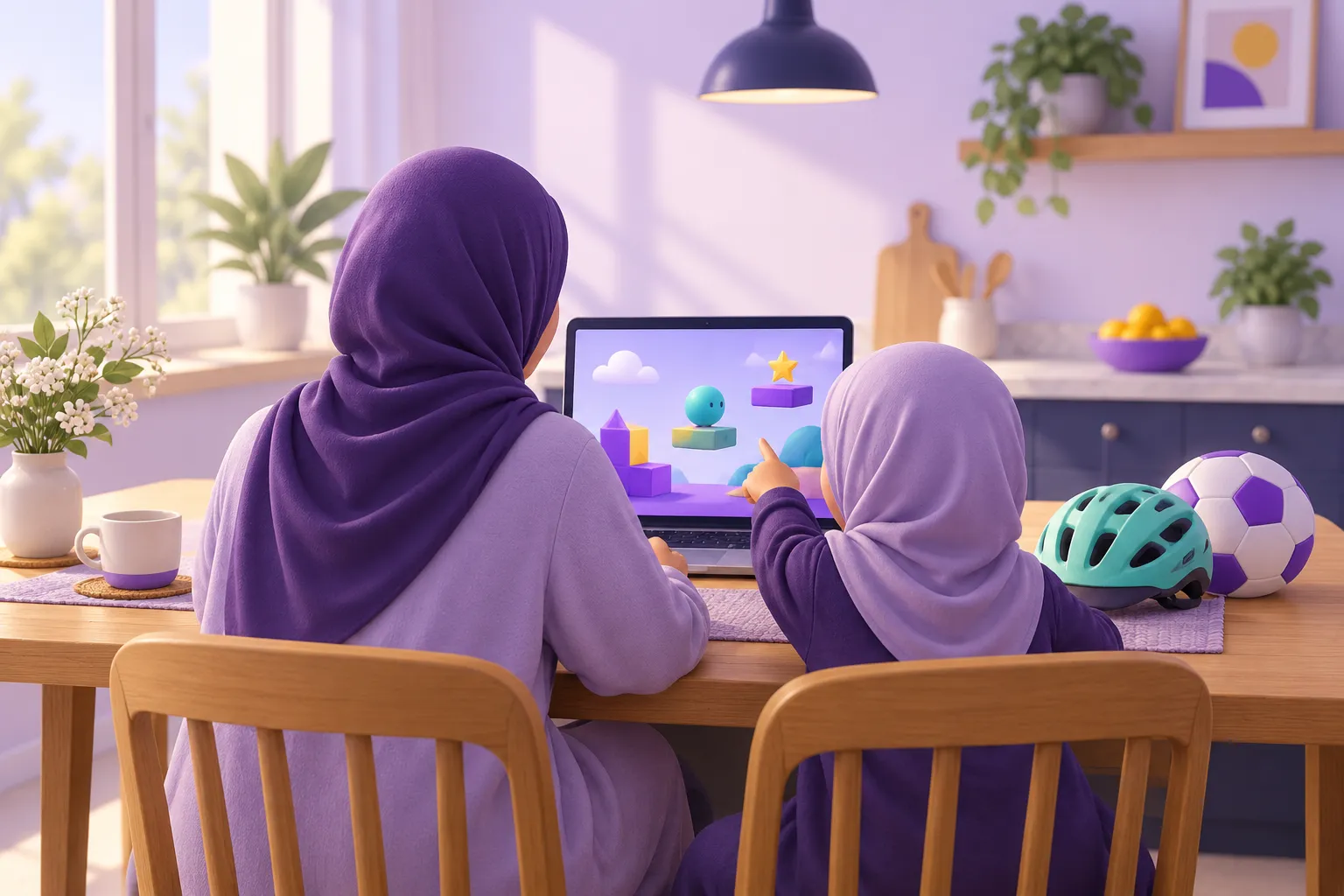 ولي أمر يتابع طفله وهو يعرض مشروعه البرمجي بفخر