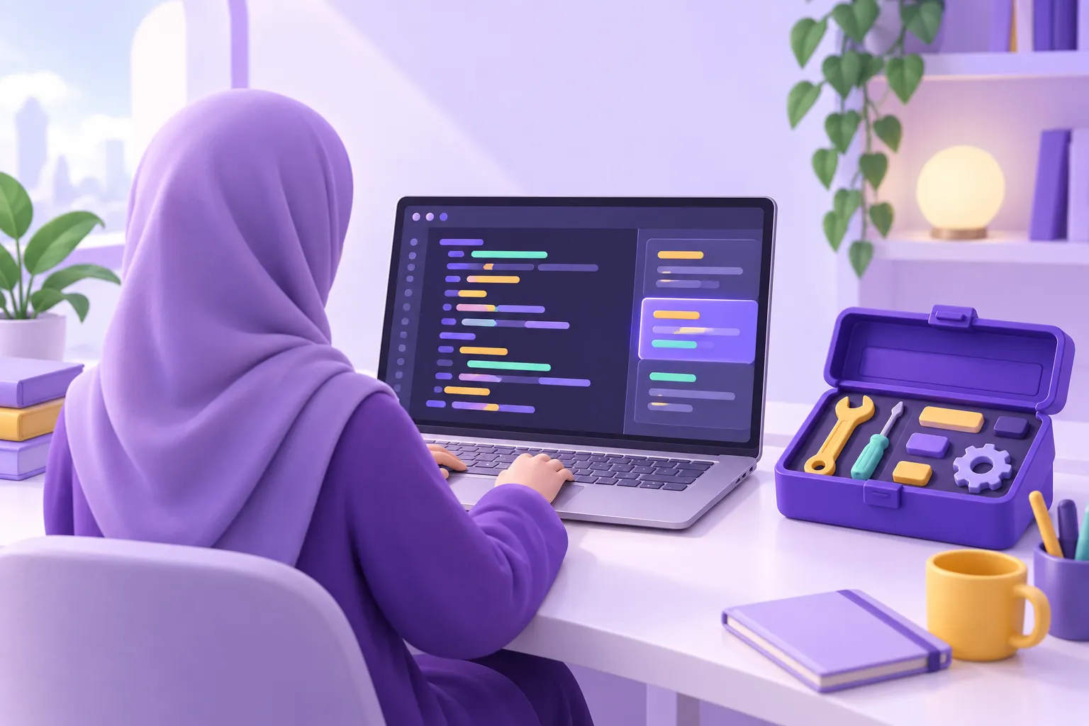 محرر أكواد مع مساعد برمجة وأدوات منظمة بجانب الحاسوب