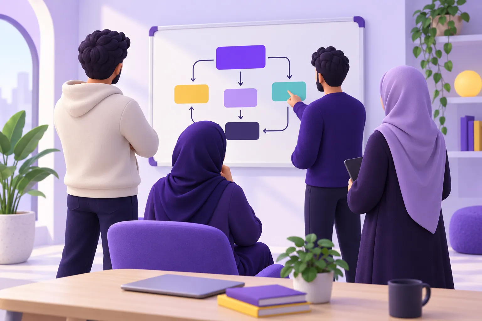 فريق برمجة يتناقش أمام سبورة عليها مخططات بسيطة