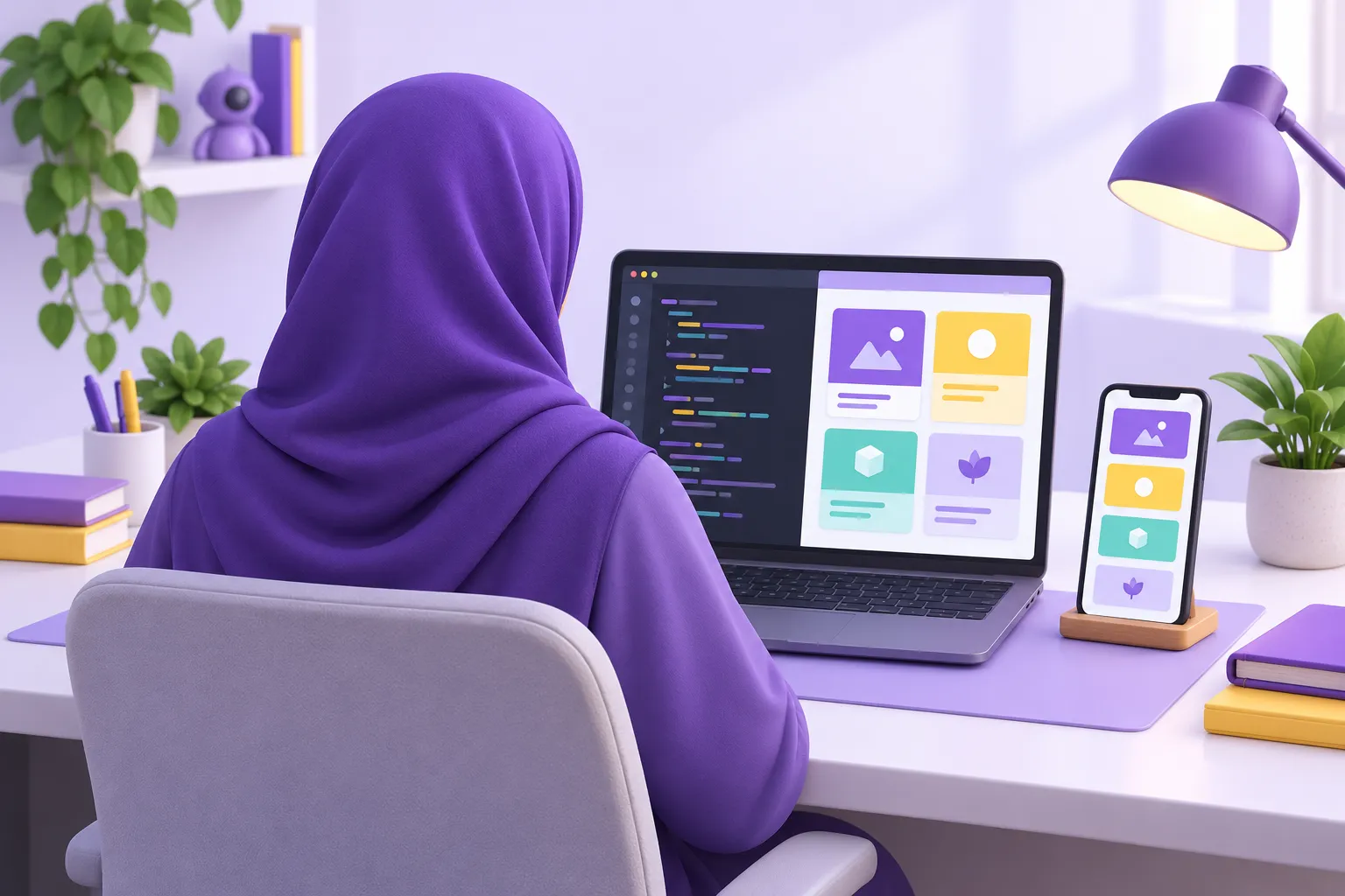مطور يكتب كود CSS ويعاين النتيجة على الحاسوب والهاتف معًا