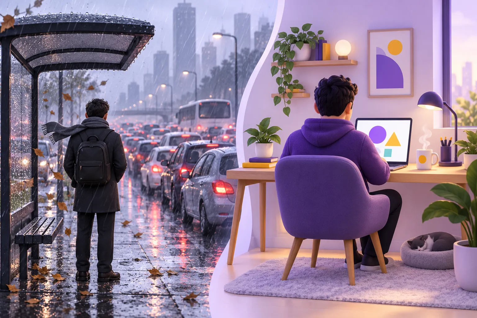 مقارنة بين وقت المواصلات الضائع ووقت الدراسة المريح من المنزل