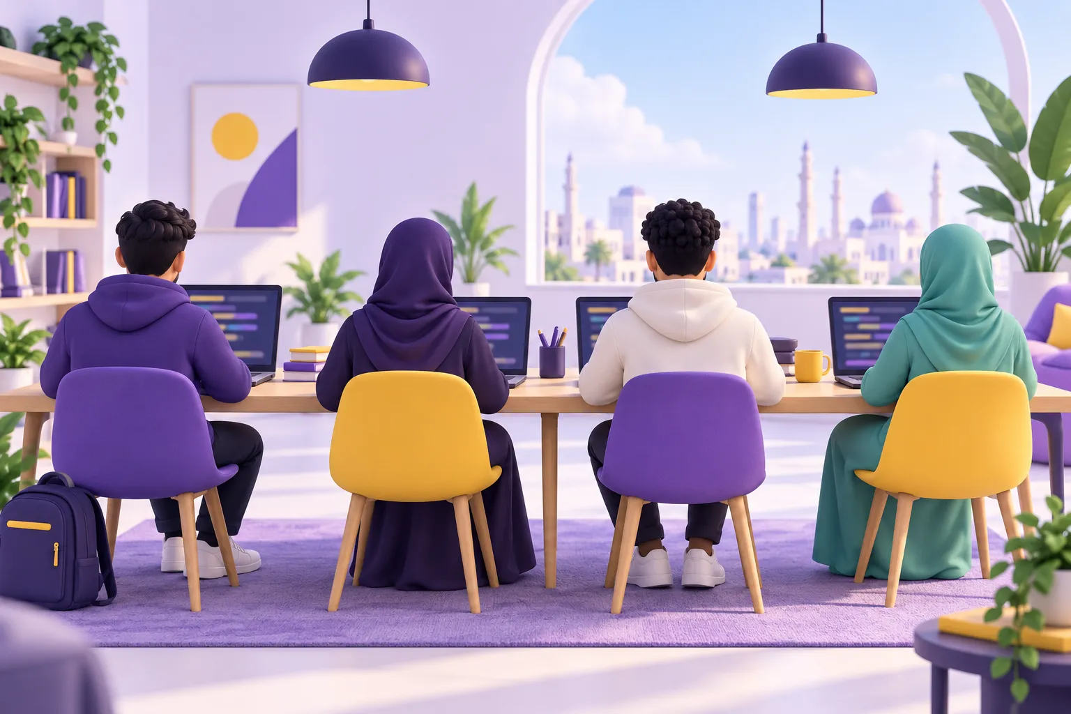 شباب يتعلمون البرمجة معًا على حواسيبهم المحمولة