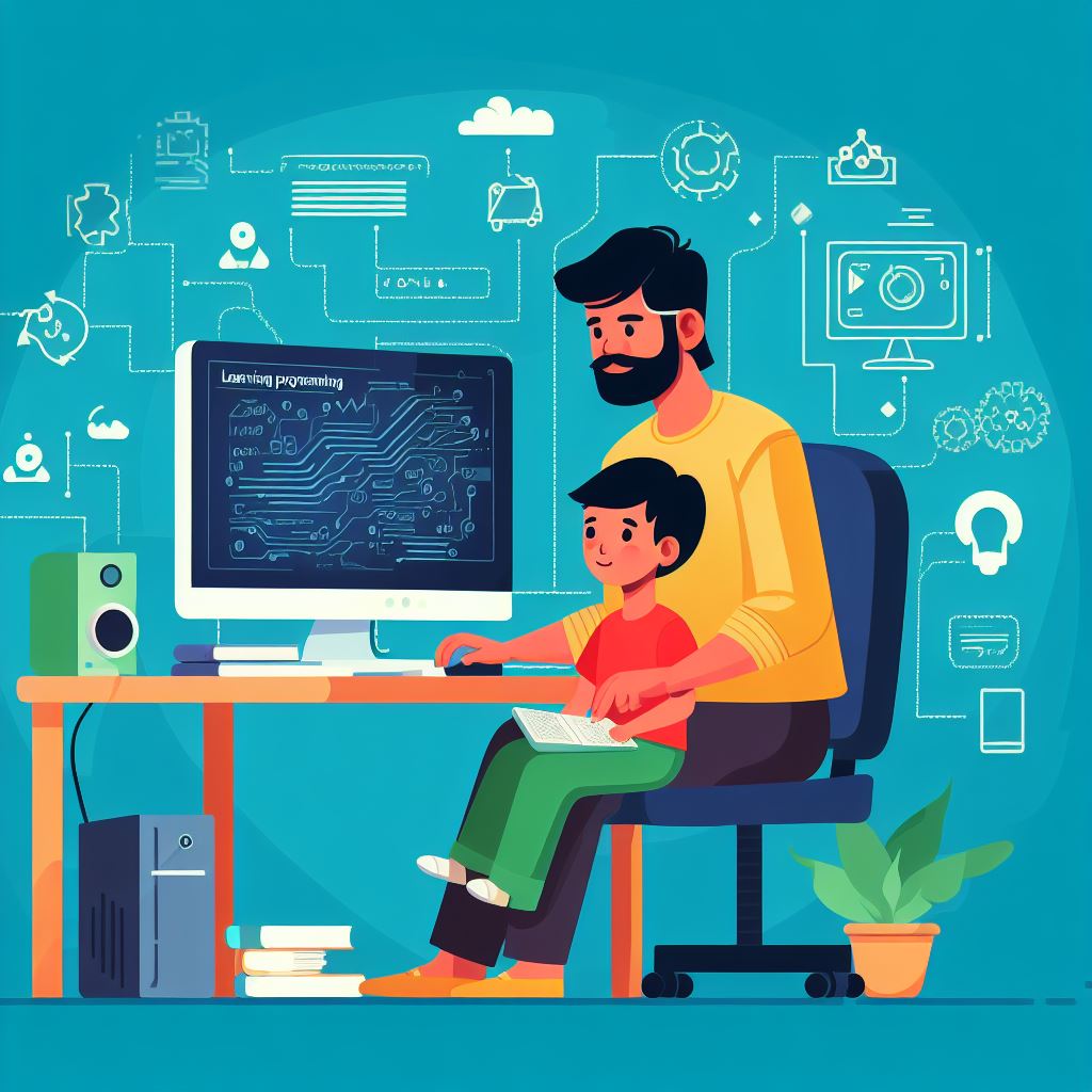 explanatory image about a parent teaching his child programming